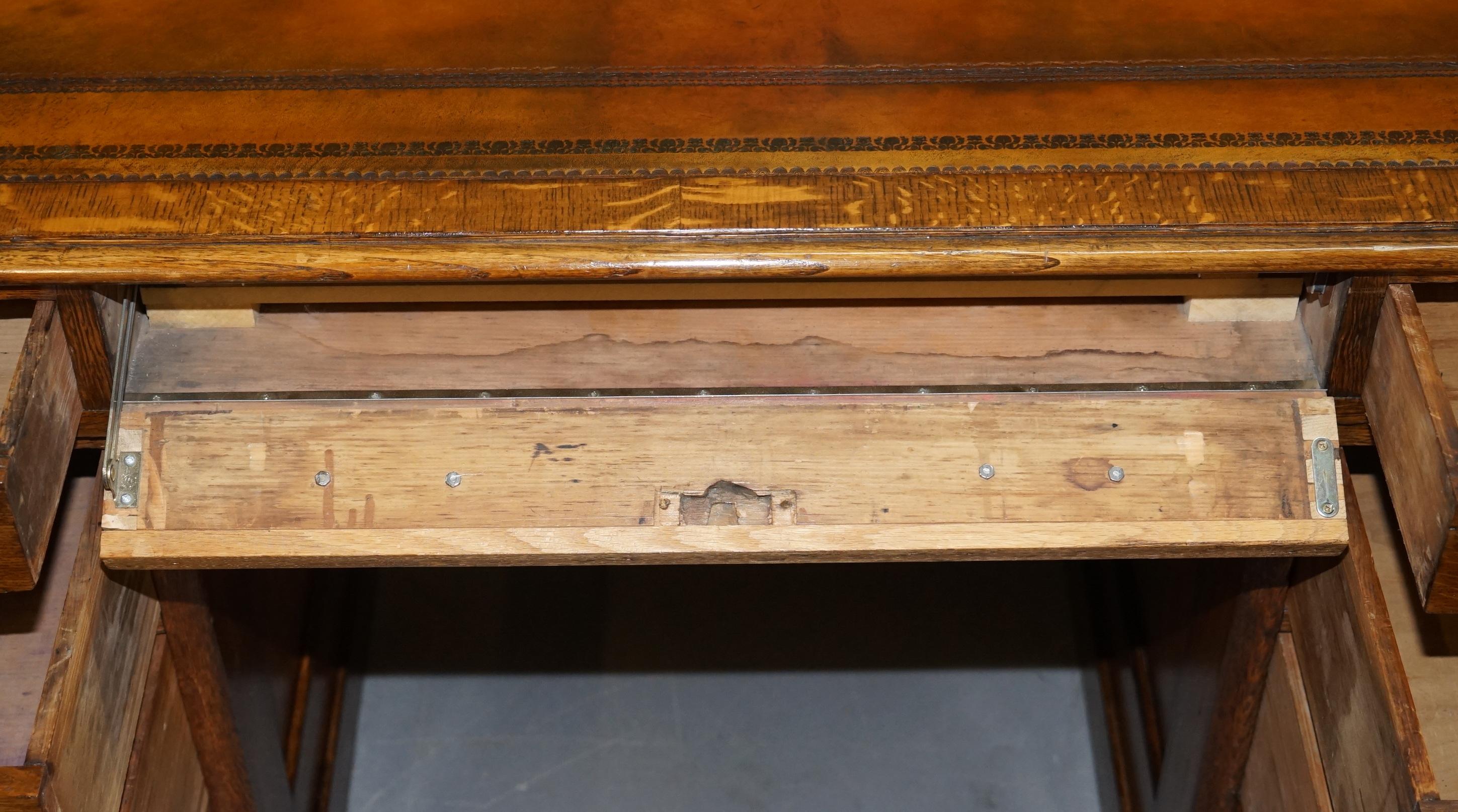 Restored Antique Georgain 1820 Double Sided Oak Pedestal Desk Brown Leather 3
