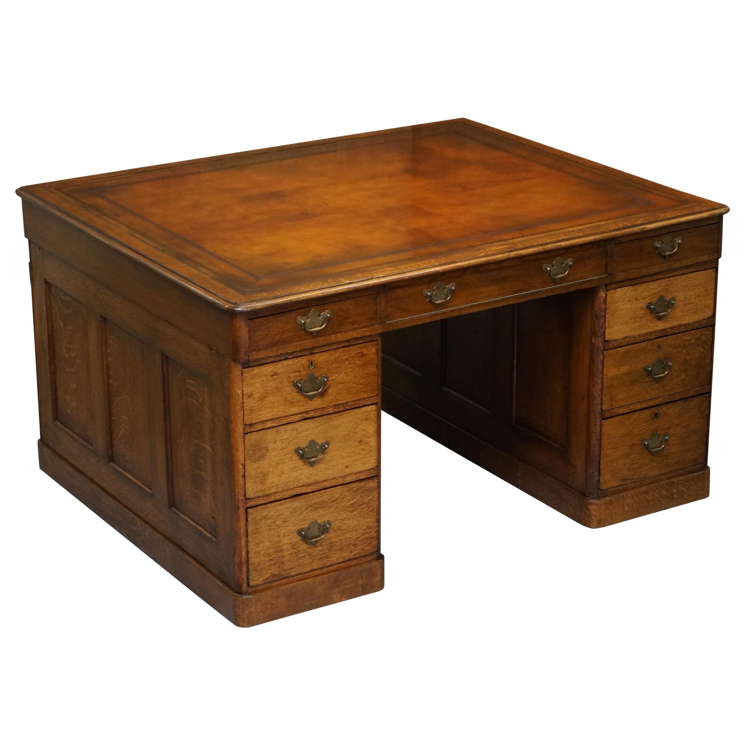 Restored Antique Georgain 1820 Double Sided Oak Pedestal Desk Brown Leather