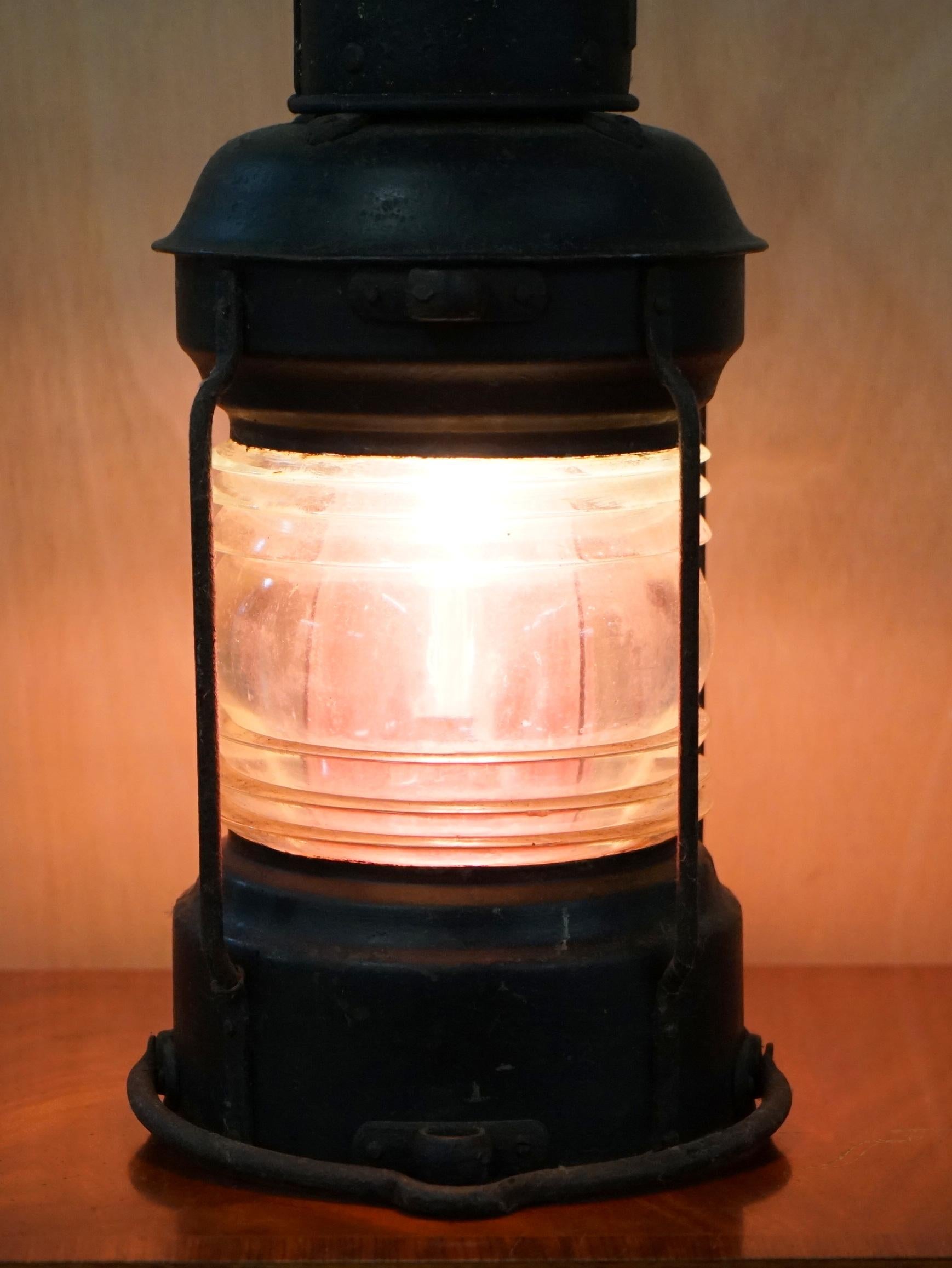 We are delighted to offer for sale this lovely restored antique German steam boat WWI Ships lantern made by Franz Schilbach Stettin

A good looking and industrial made piece, these were used on steam boats and have two handles top and bottom, the