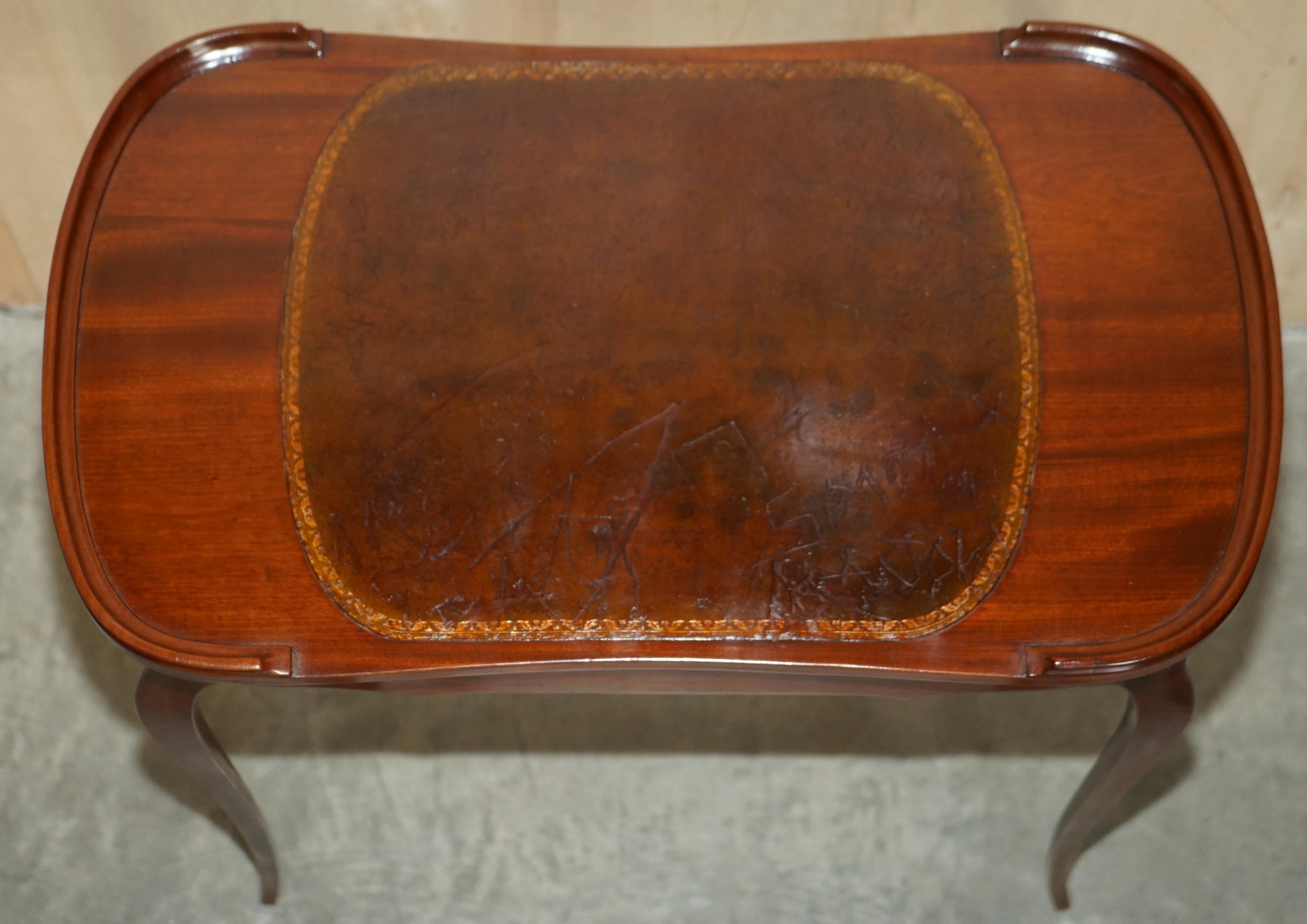 Restored Antique Kidney Shaped Occasional Table with Drawers Brown Leather Top For Sale 8