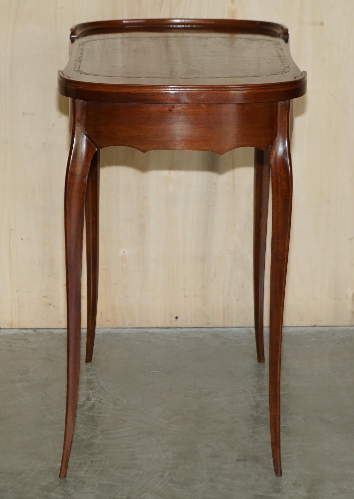 Restored Antique Kidney Shaped Occasional Table with Drawers Brown Leather Top For Sale 9