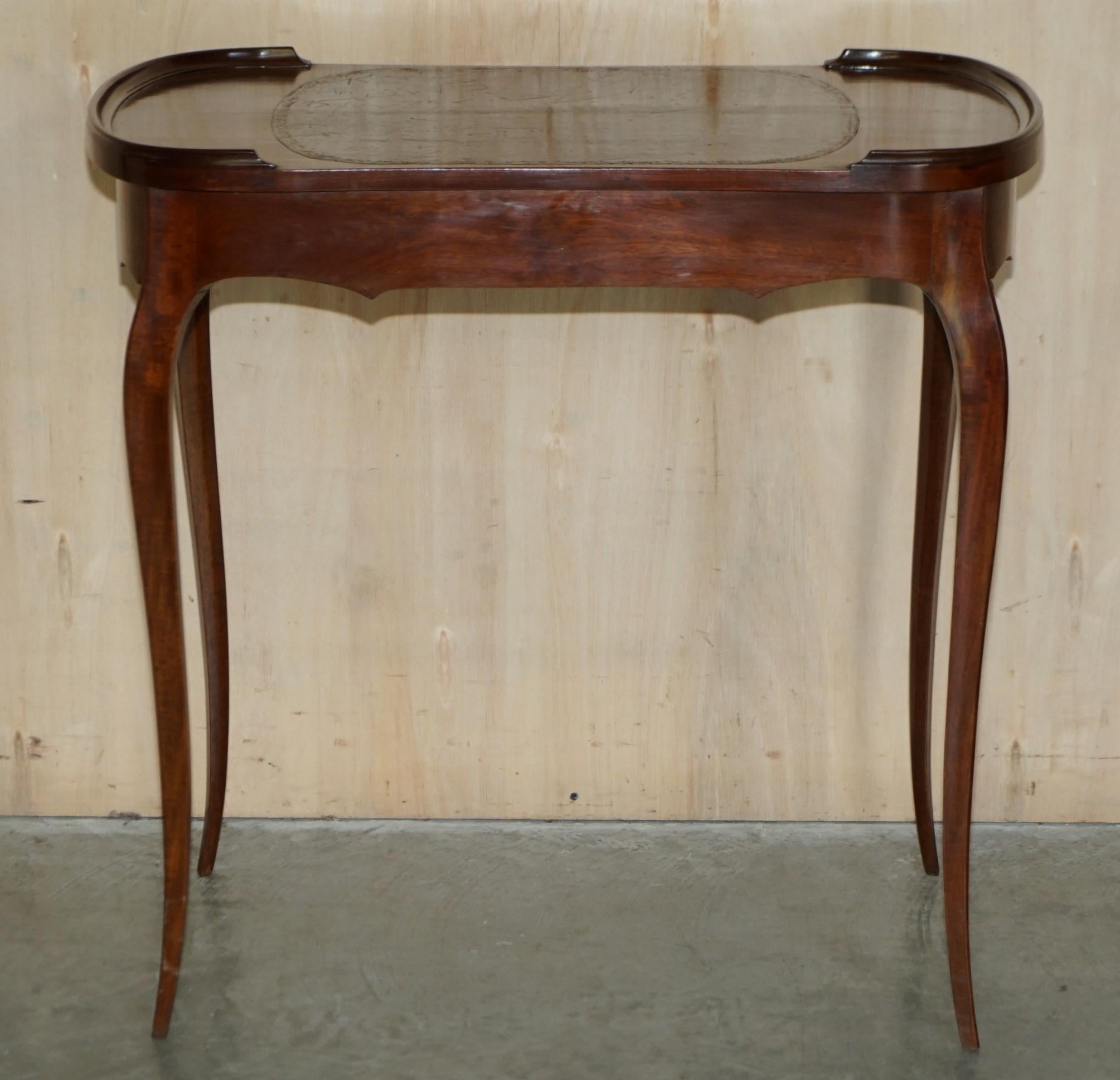 Restored Antique Kidney Shaped Occasional Table with Drawers Brown Leather Top For Sale 10