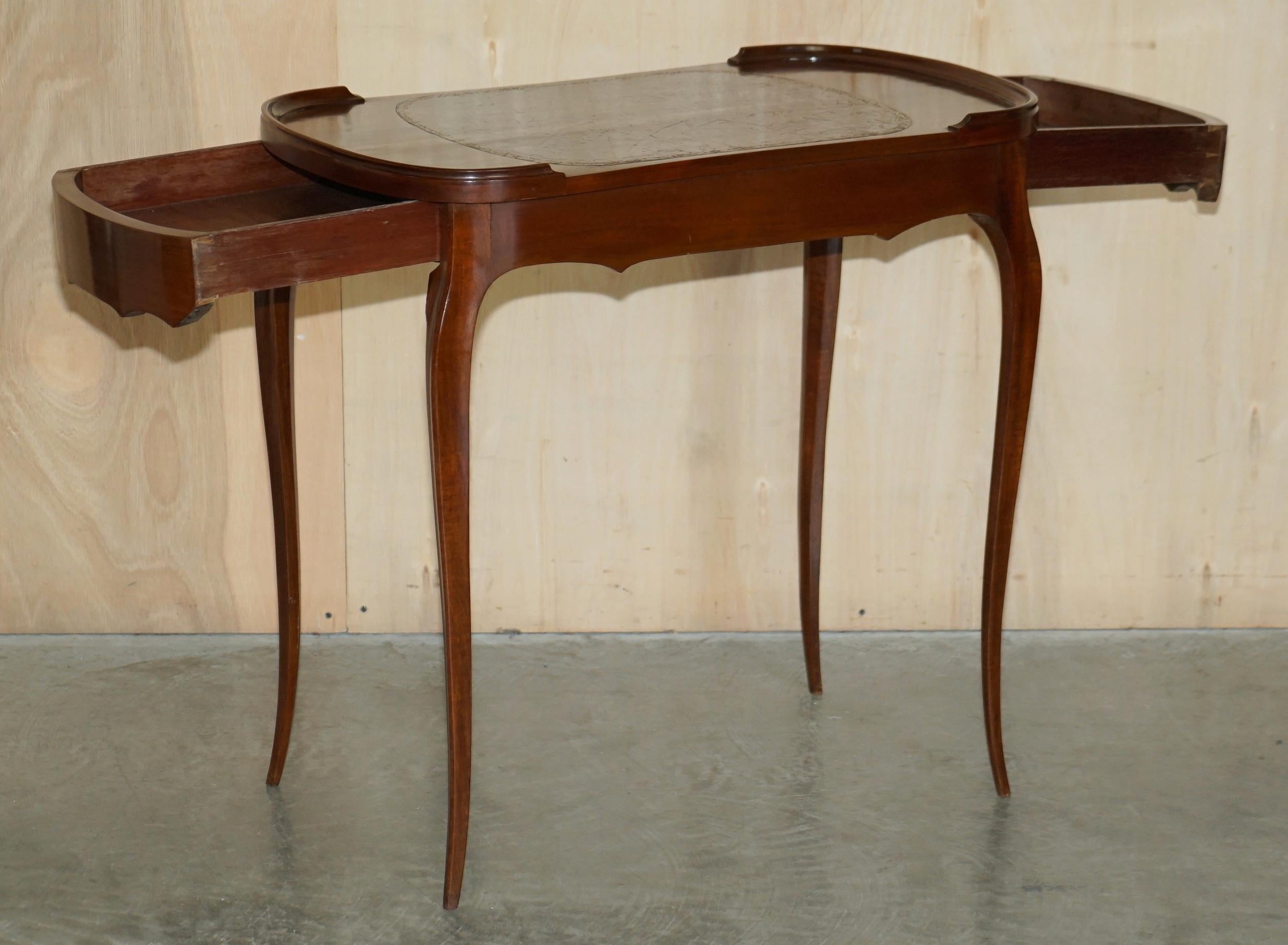 Restored Antique Kidney Shaped Occasional Table with Drawers Brown Leather Top For Sale 11