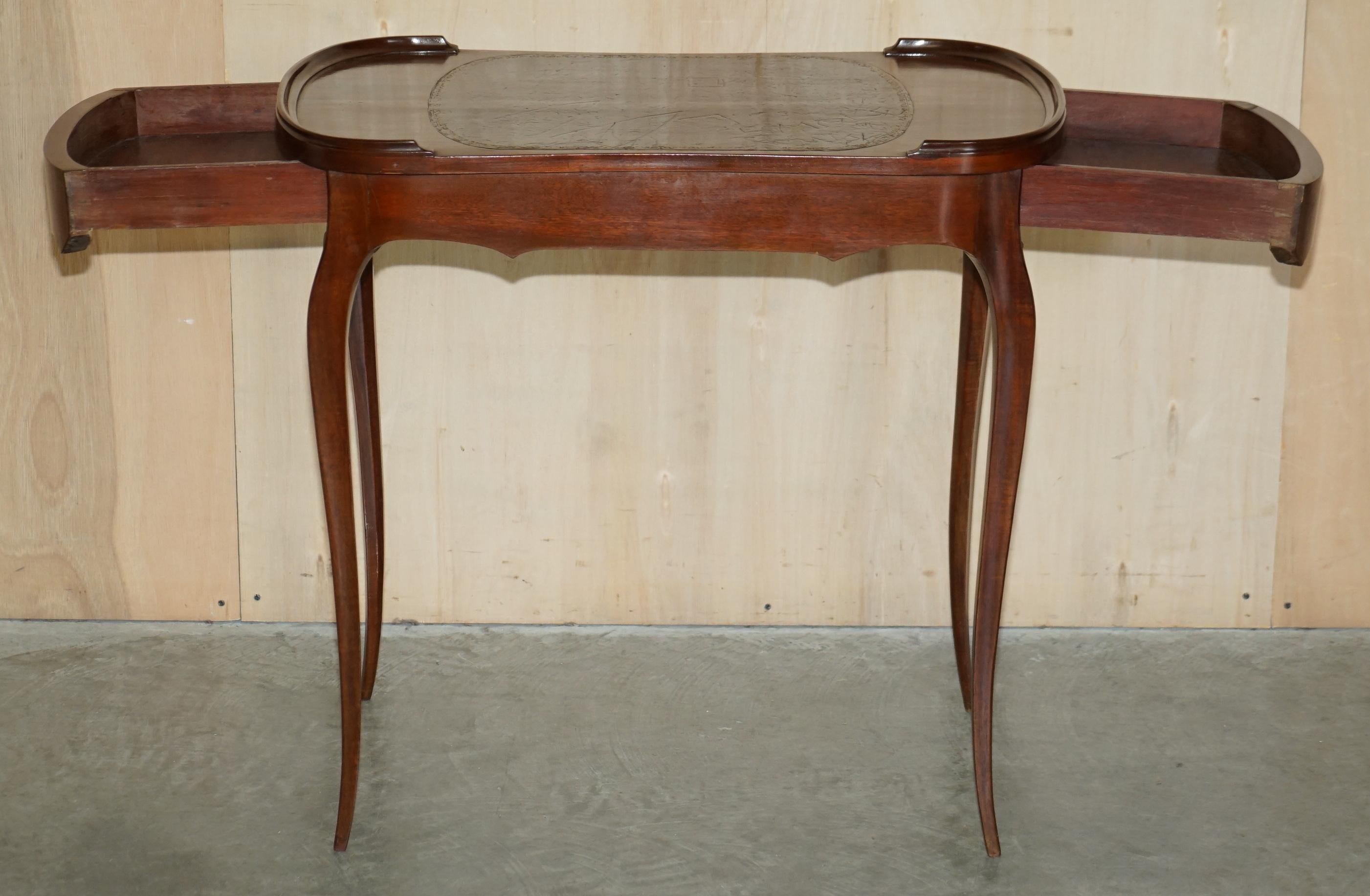 Restored Antique Kidney Shaped Occasional Table with Drawers Brown Leather Top For Sale 12