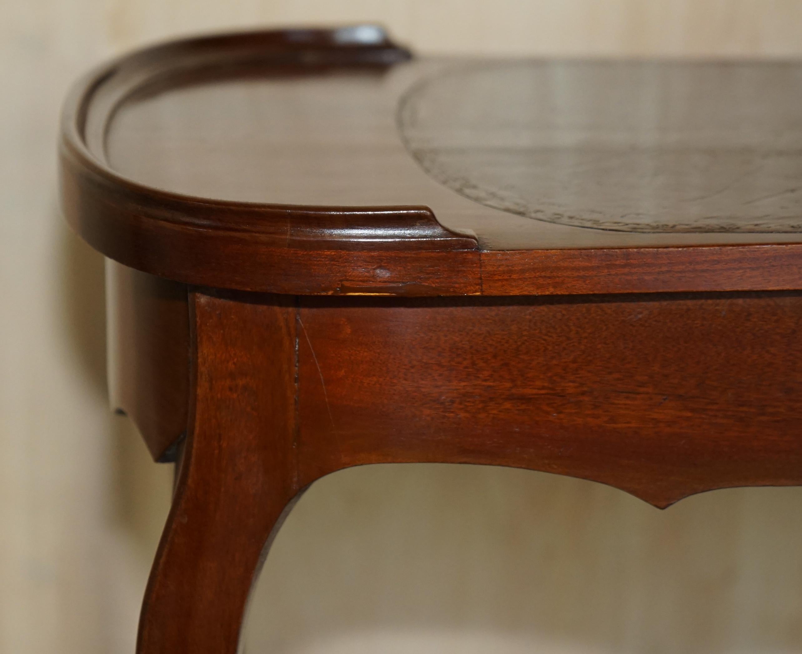 Restored Antique Kidney Shaped Occasional Table with Drawers Brown Leather Top For Sale 1