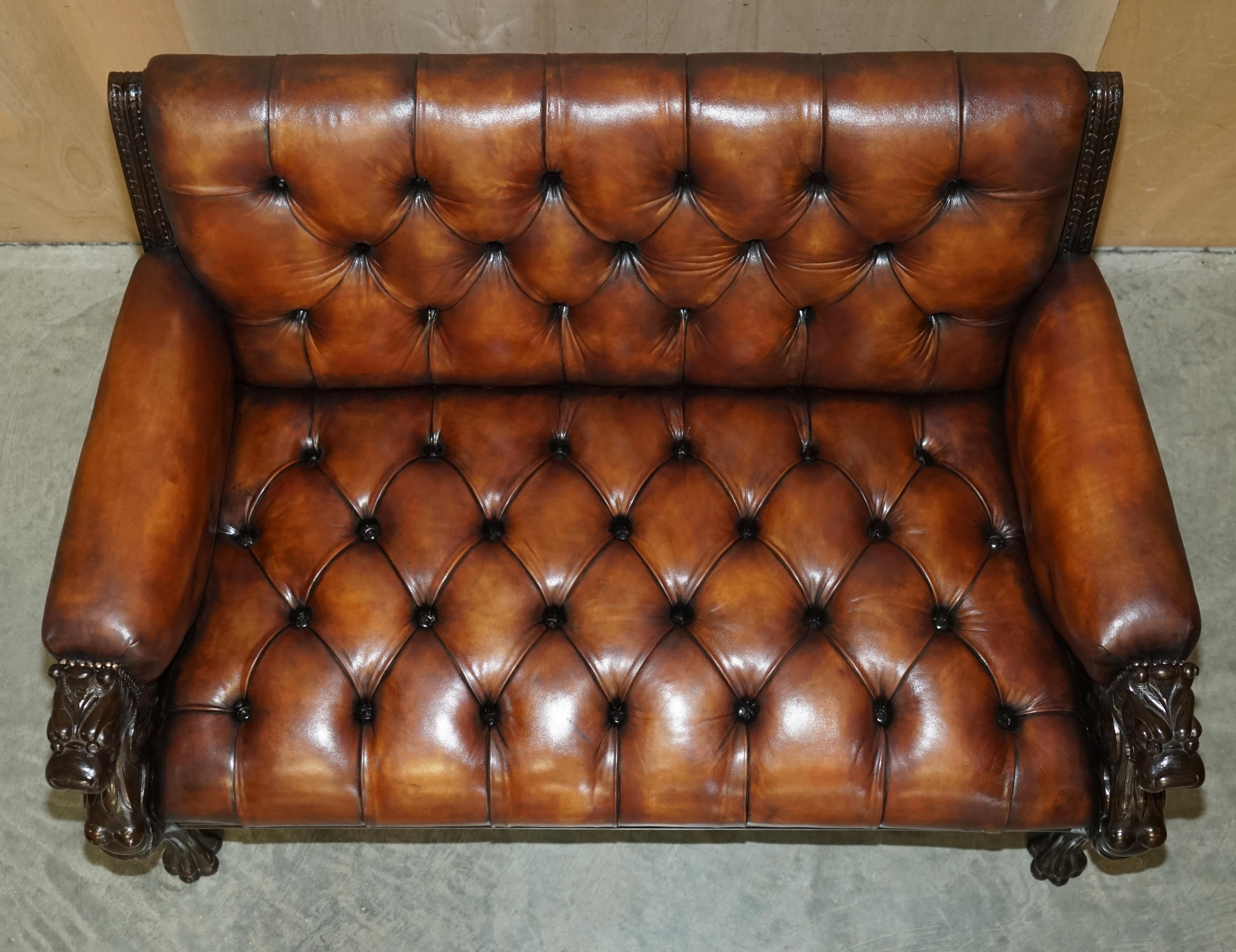 Restored Antique Lion Hand Carved Brown Leather Chesterfield Sofa Armchair Suite For Sale 4