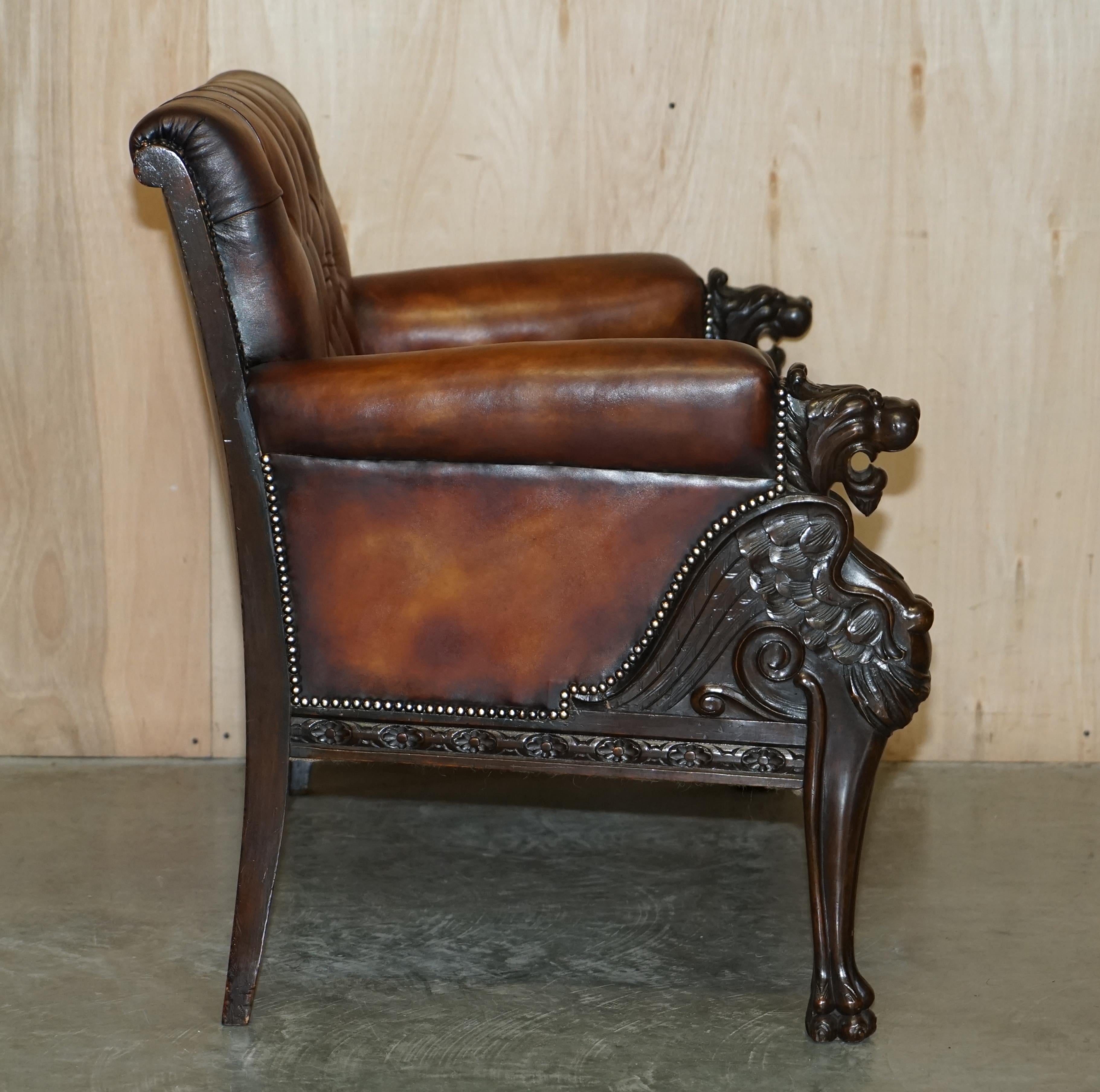 Restored Antique Lion Hand Carved Brown Leather Chesterfield Sofa Armchair Suite For Sale 5