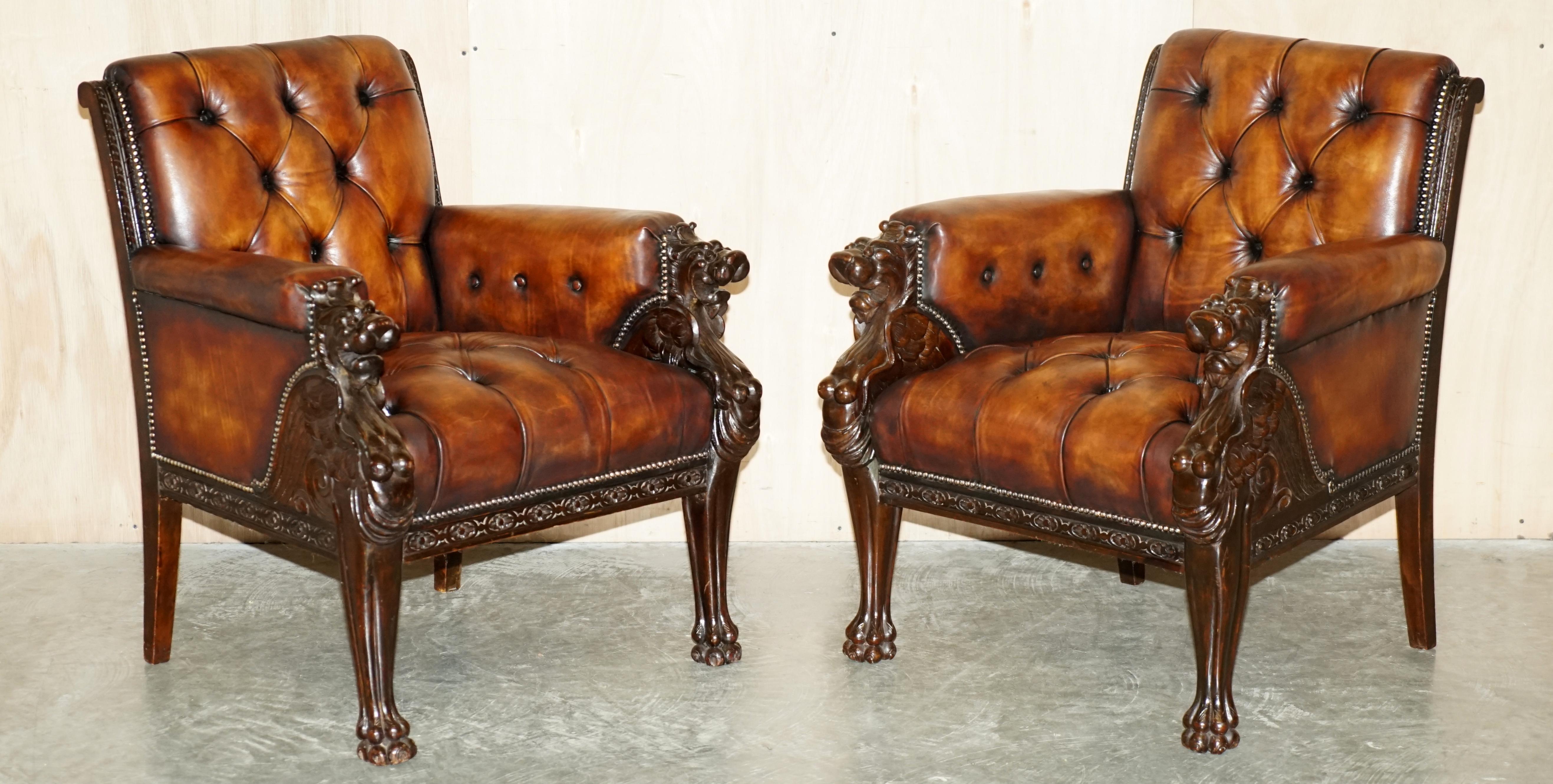 Restored Antique Lion Hand Carved Brown Leather Chesterfield Sofa Armchair Suite For Sale 7