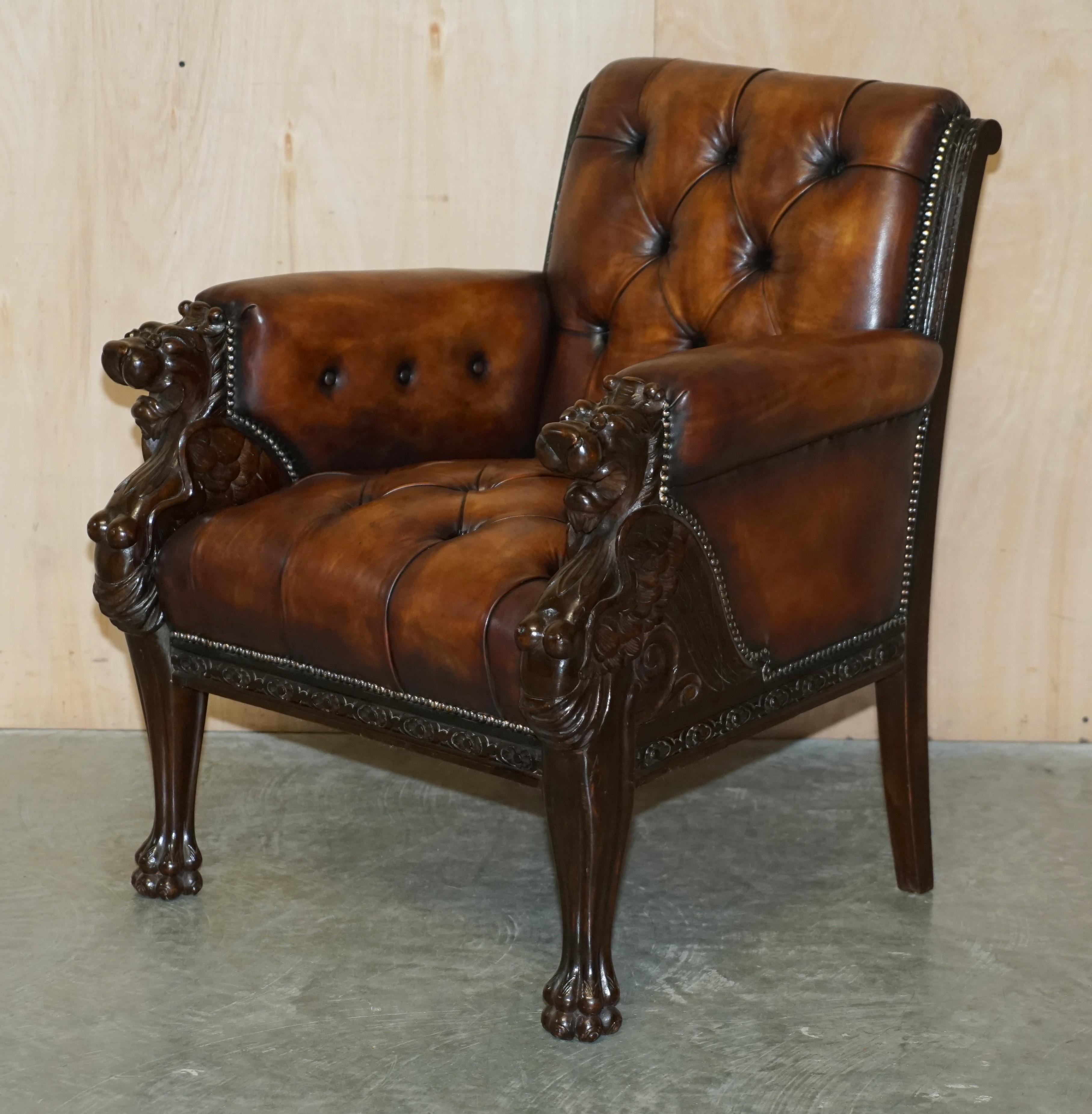 Restored Antique Lion Hand Carved Brown Leather Chesterfield Sofa Armchair Suite For Sale 8