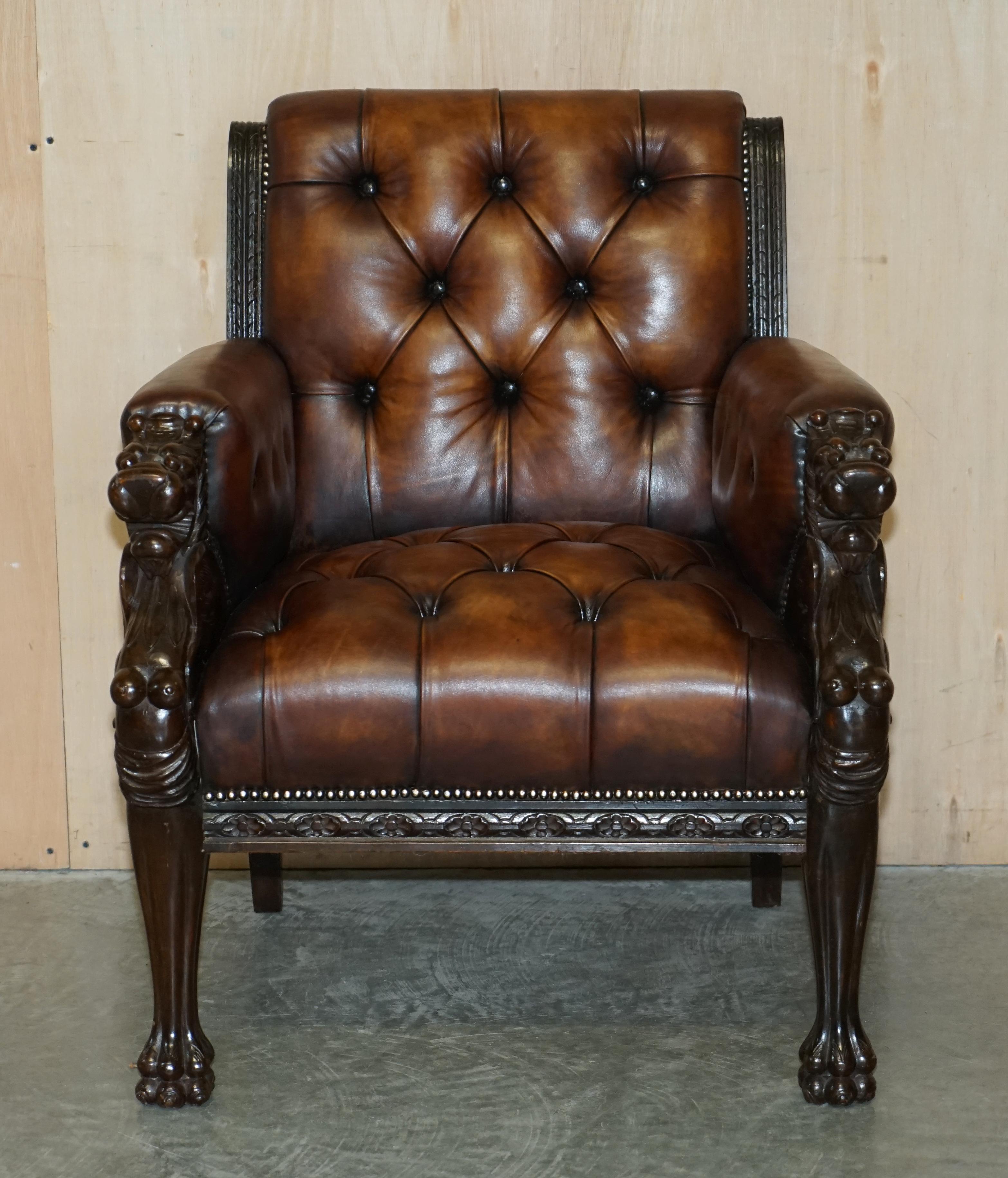 Restored Antique Lion Hand Carved Brown Leather Chesterfield Sofa Armchair Suite For Sale 9