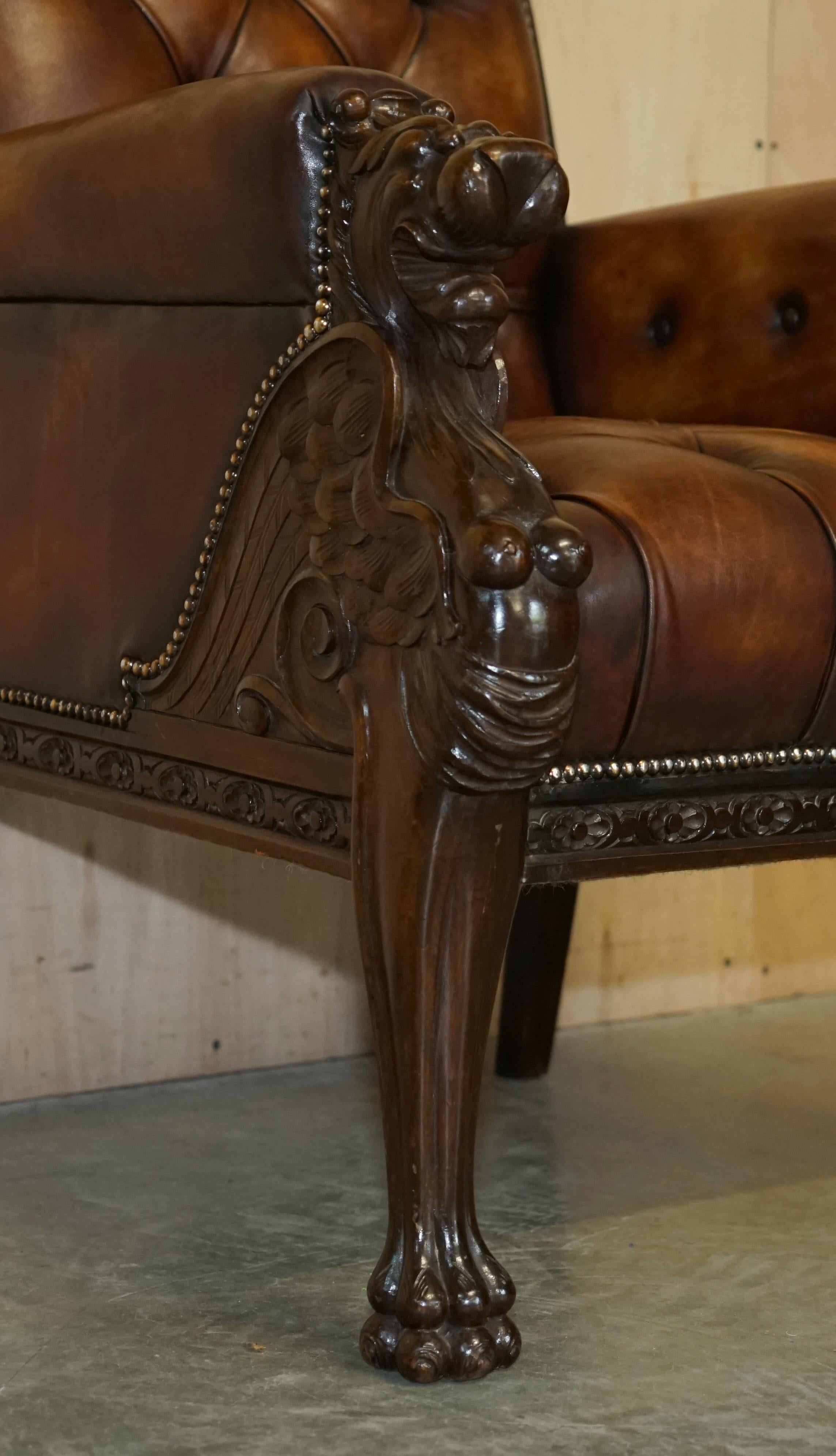Restored Antique Lion Hand Carved Brown Leather Chesterfield Sofa Armchair Suite For Sale 10