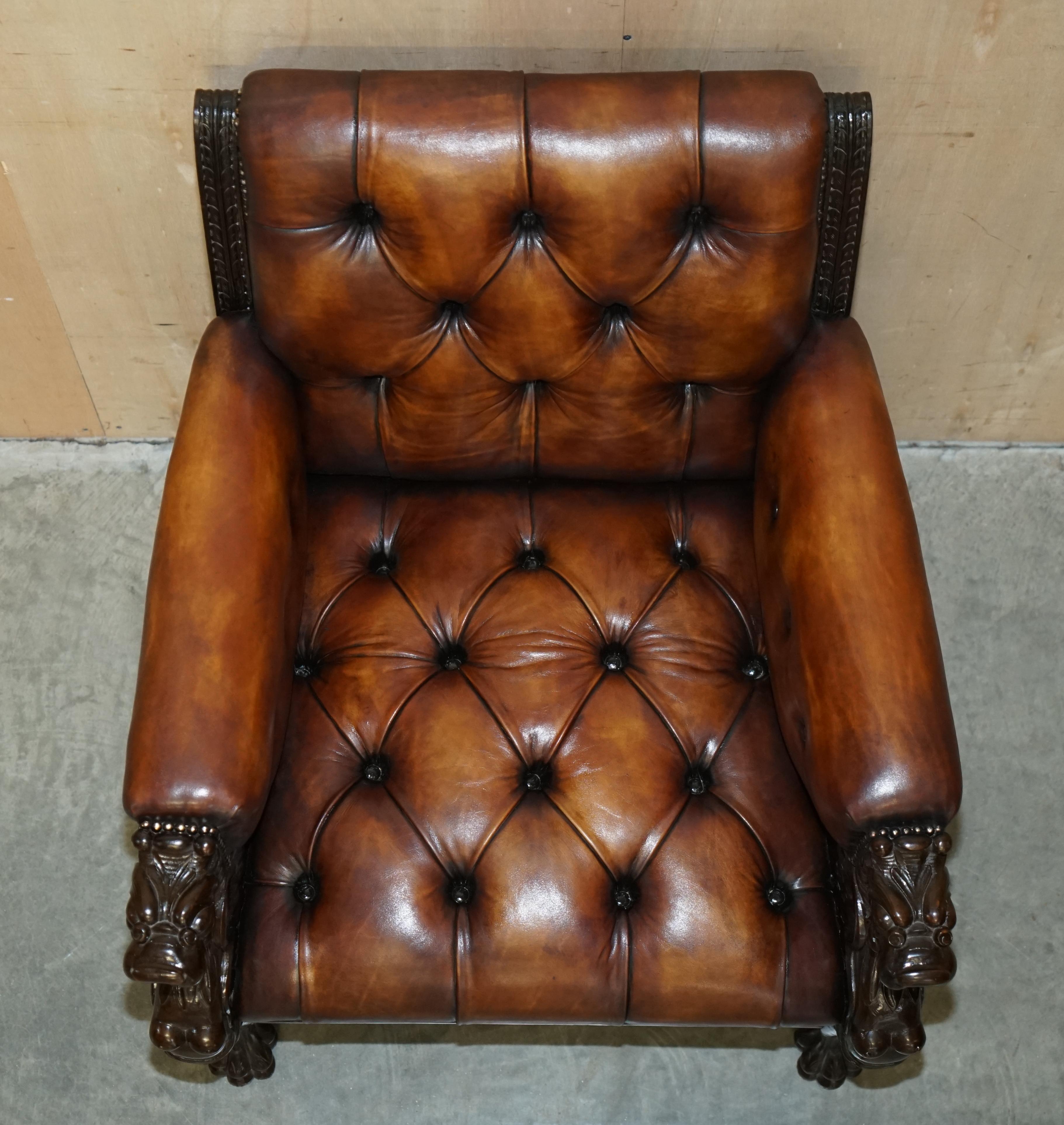 Restored Antique Lion Hand Carved Brown Leather Chesterfield Sofa Armchair Suite For Sale 12