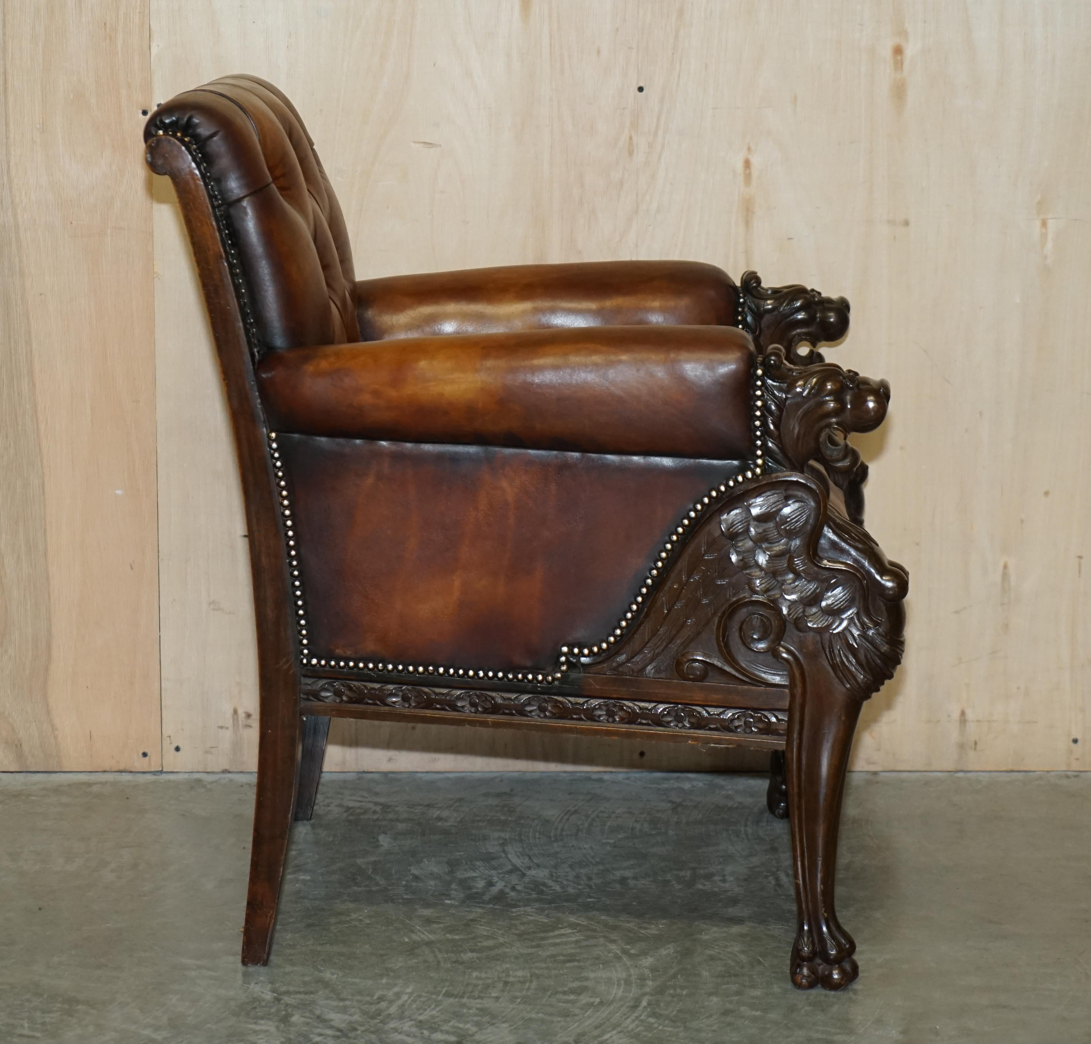 Restored Antique Lion Hand Carved Brown Leather Chesterfield Sofa Armchair Suite For Sale 13