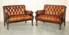 Restored Antique Lion Hand Carved Brown Leather Chesterfield Sofa Armchair Suite