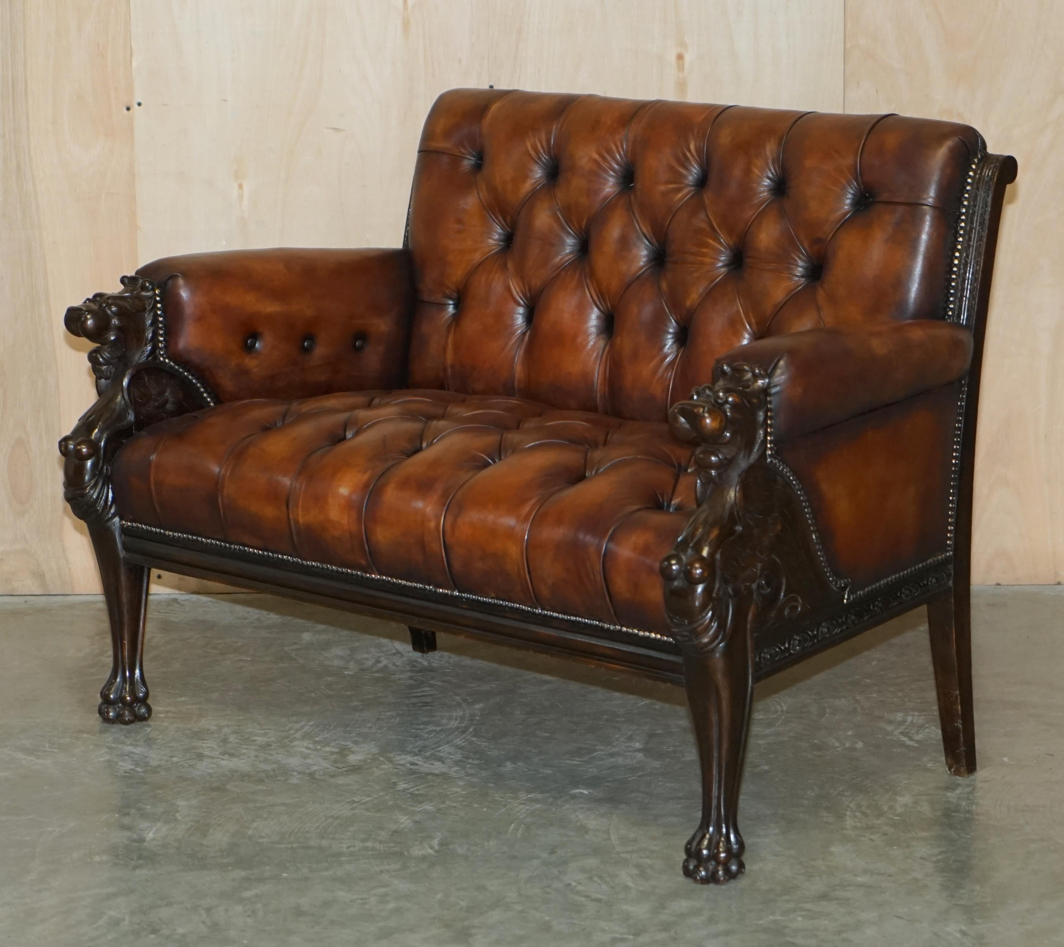 High Victorian Restored Antique Lion Hand Carved Brown Leather Chesterfield Sofa Armchair Suite For Sale