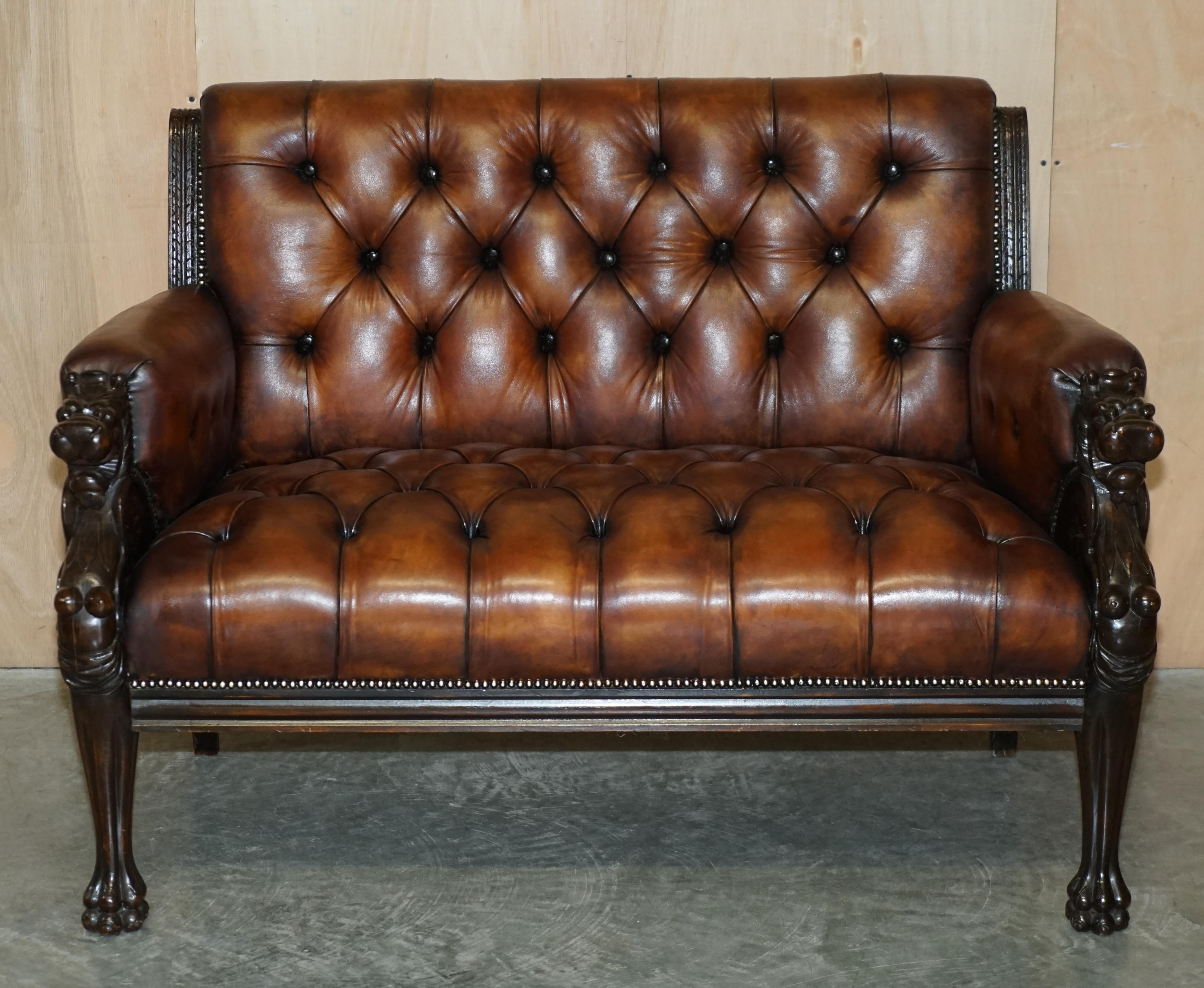 Belgian Restored Antique Lion Hand Carved Brown Leather Chesterfield Sofa Armchair Suite For Sale