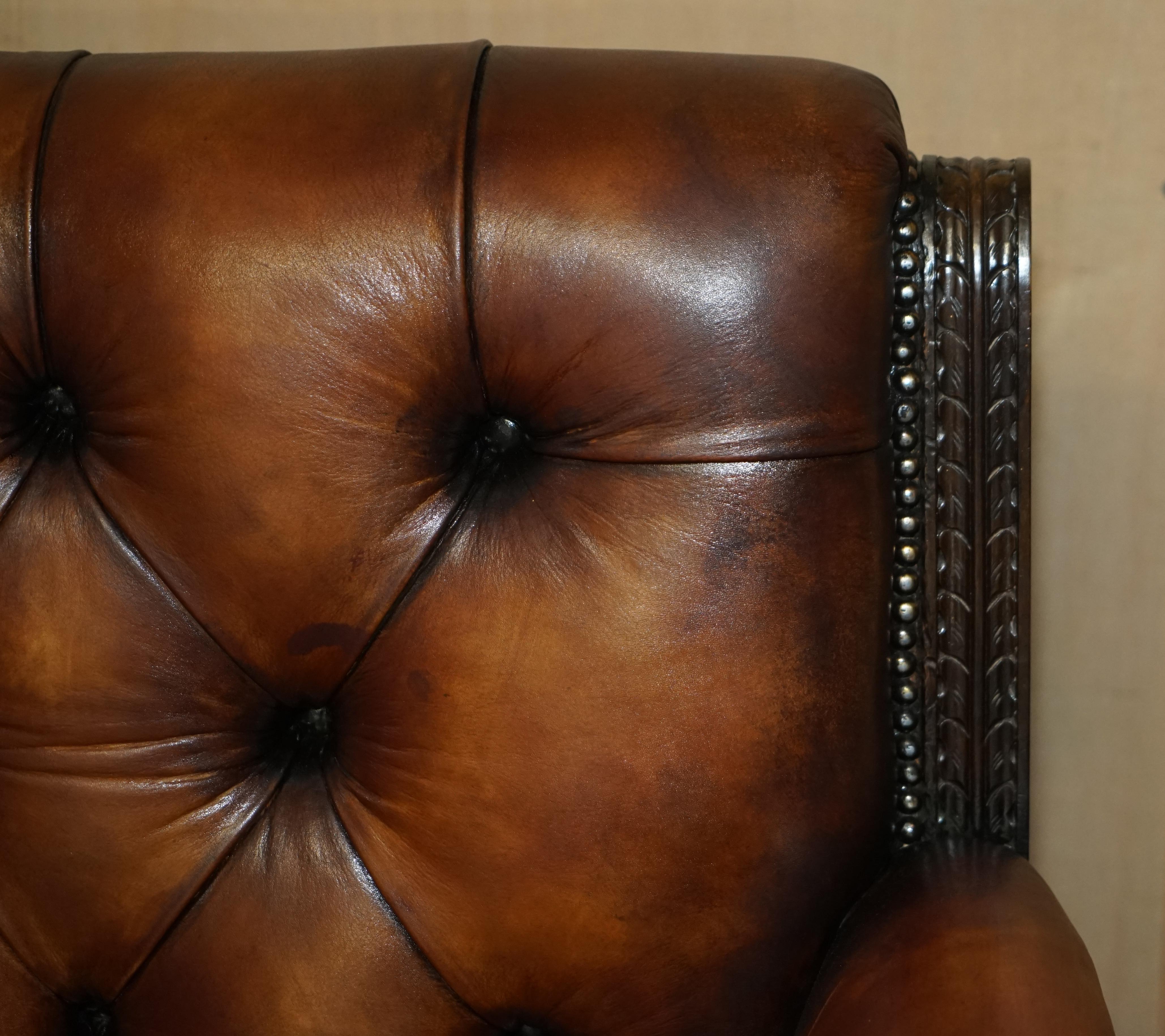 Late 19th Century Restored Antique Lion Hand Carved Brown Leather Chesterfield Sofa Armchair Suite For Sale