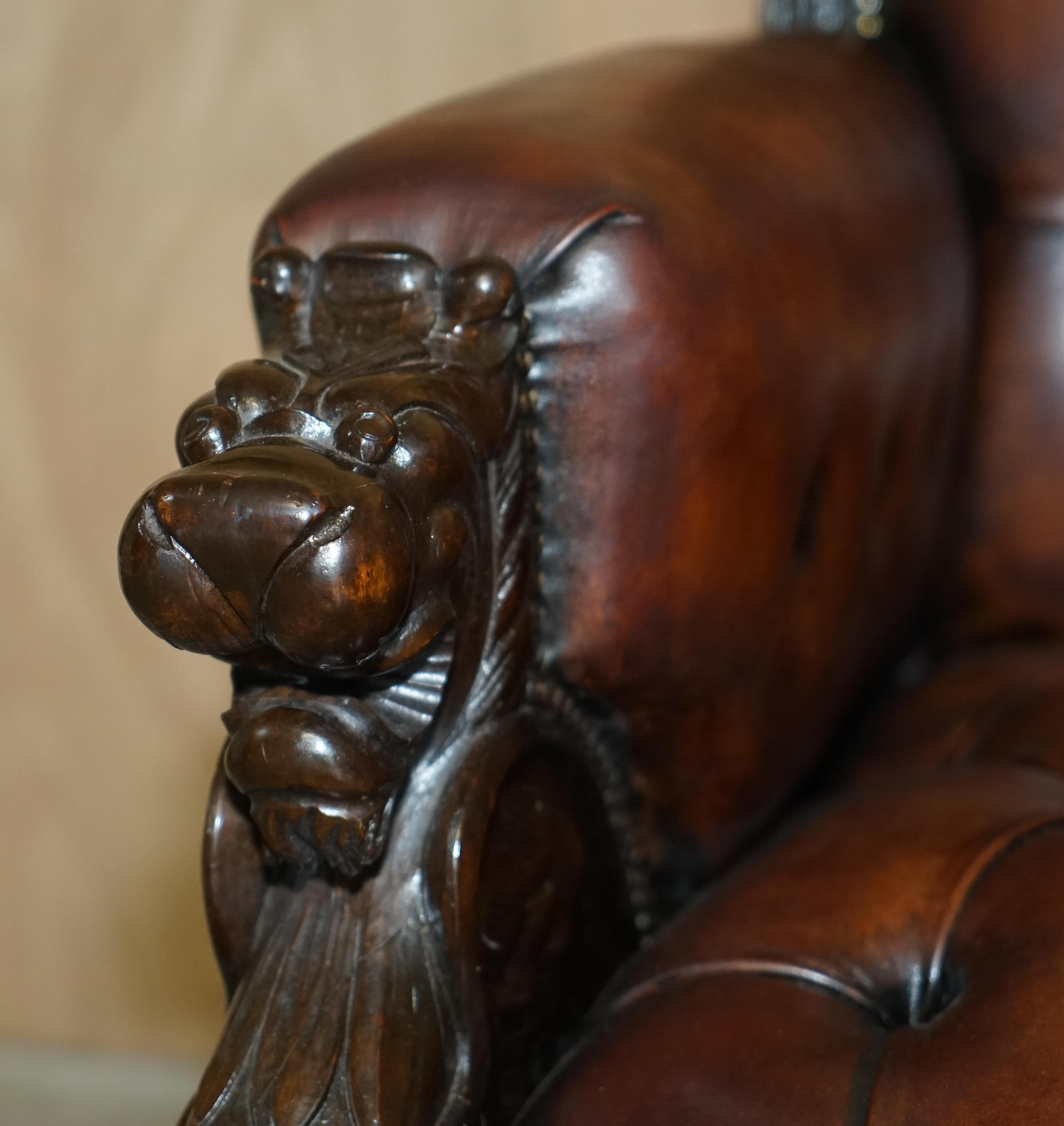 Restored Antique Lion Hand Carved Brown Leather Chesterfield Sofa Armchair Suite For Sale 2