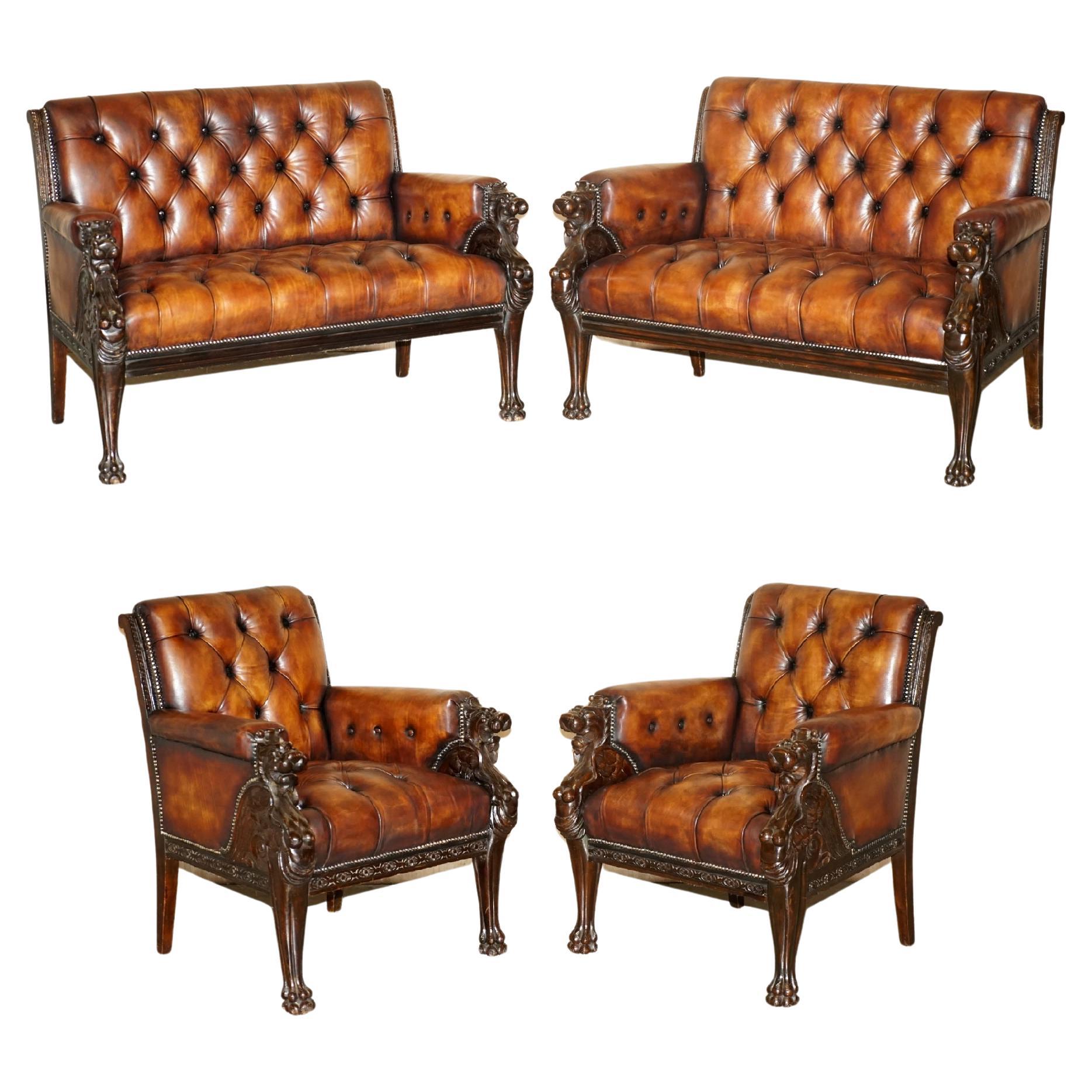 Restored Antique Lion Hand Carved Brown Leather Chesterfield Sofa Armchair Suite For Sale