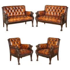Restored Antique Lion Hand Carved Brown Leather Chesterfield Sofa Armchair Suite