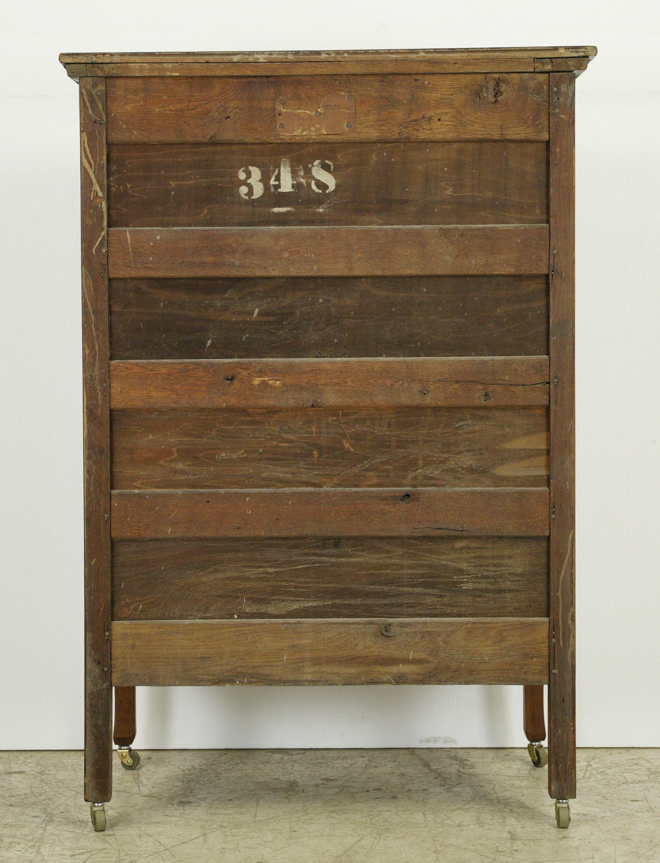 Restored Antique Oak 6 Drawer High Boy Dresser w Casters For Sale 6