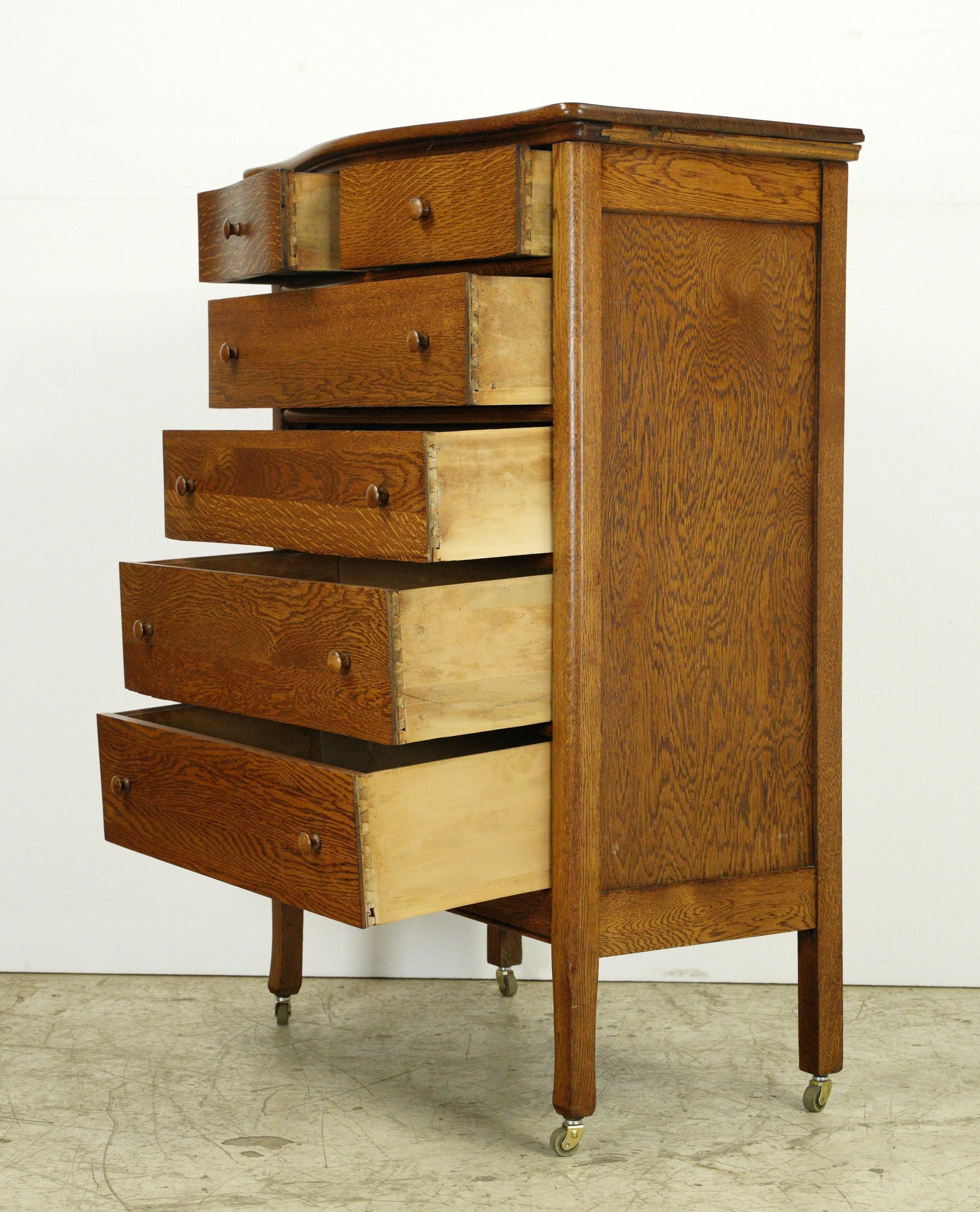 Restored Antique Oak 6 Drawer High Boy Dresser w Casters For Sale 4