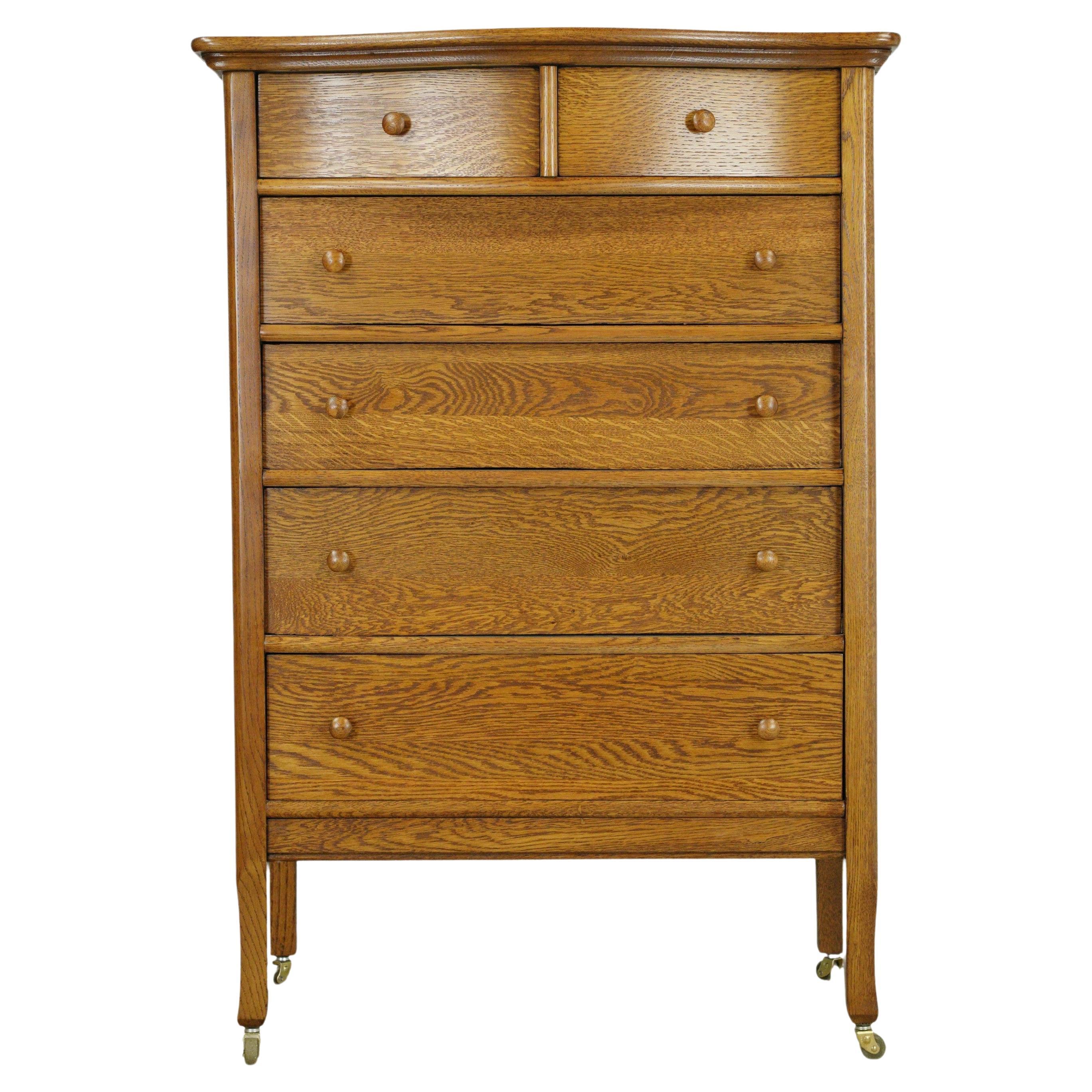 Restored Antique Oak 6 Drawer High Boy Dresser w Casters For Sale