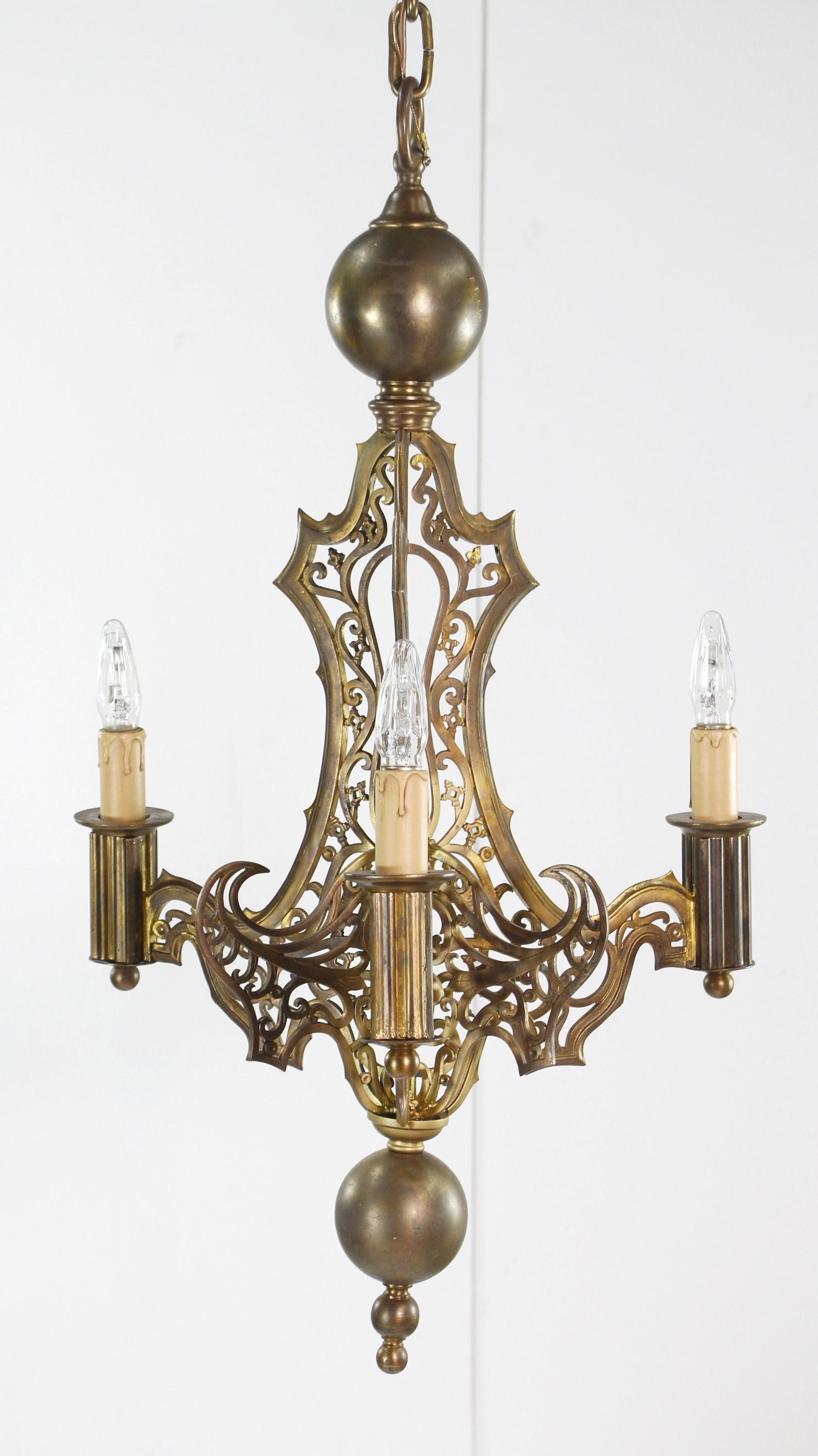 American Restored Antique Ornate Bronze Gothic 3 Arm Chandelier Qty Available For Sale
