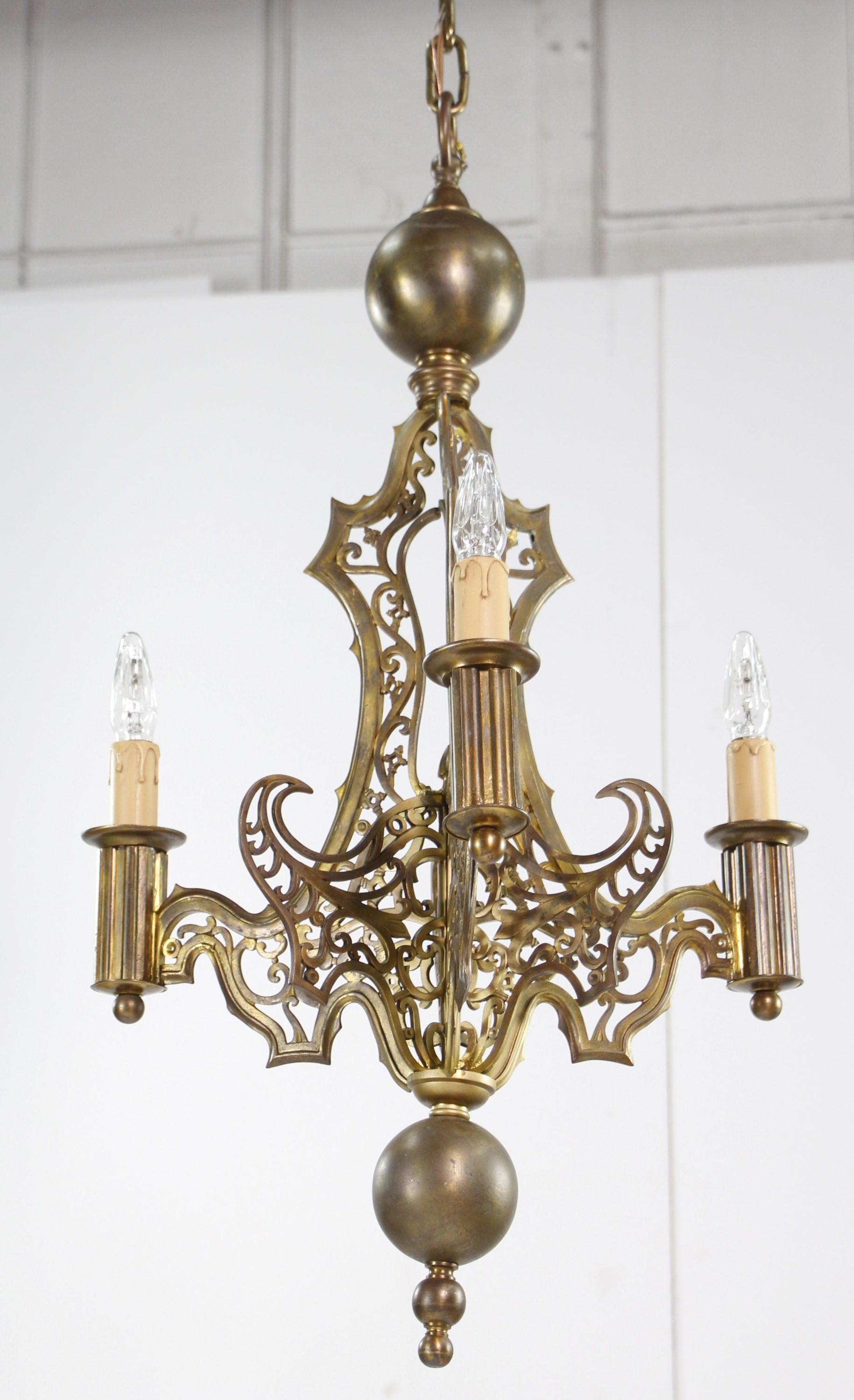 20th Century Restored Antique Ornate Bronze Gothic 3 Arm Chandelier Qty Available For Sale