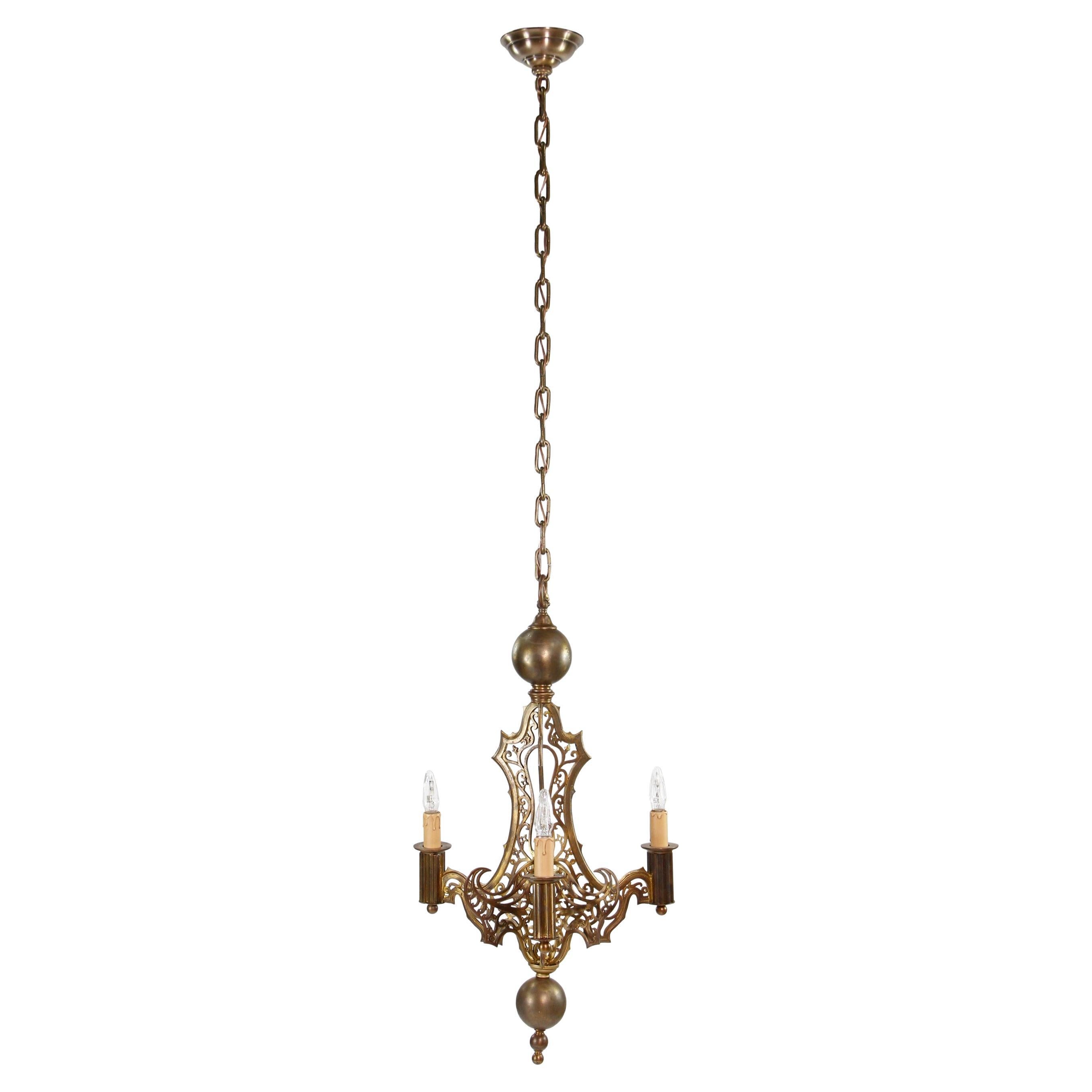 Restored Antique Ornate Bronze Gothic 3 Arm Chandelier Qty Available For Sale