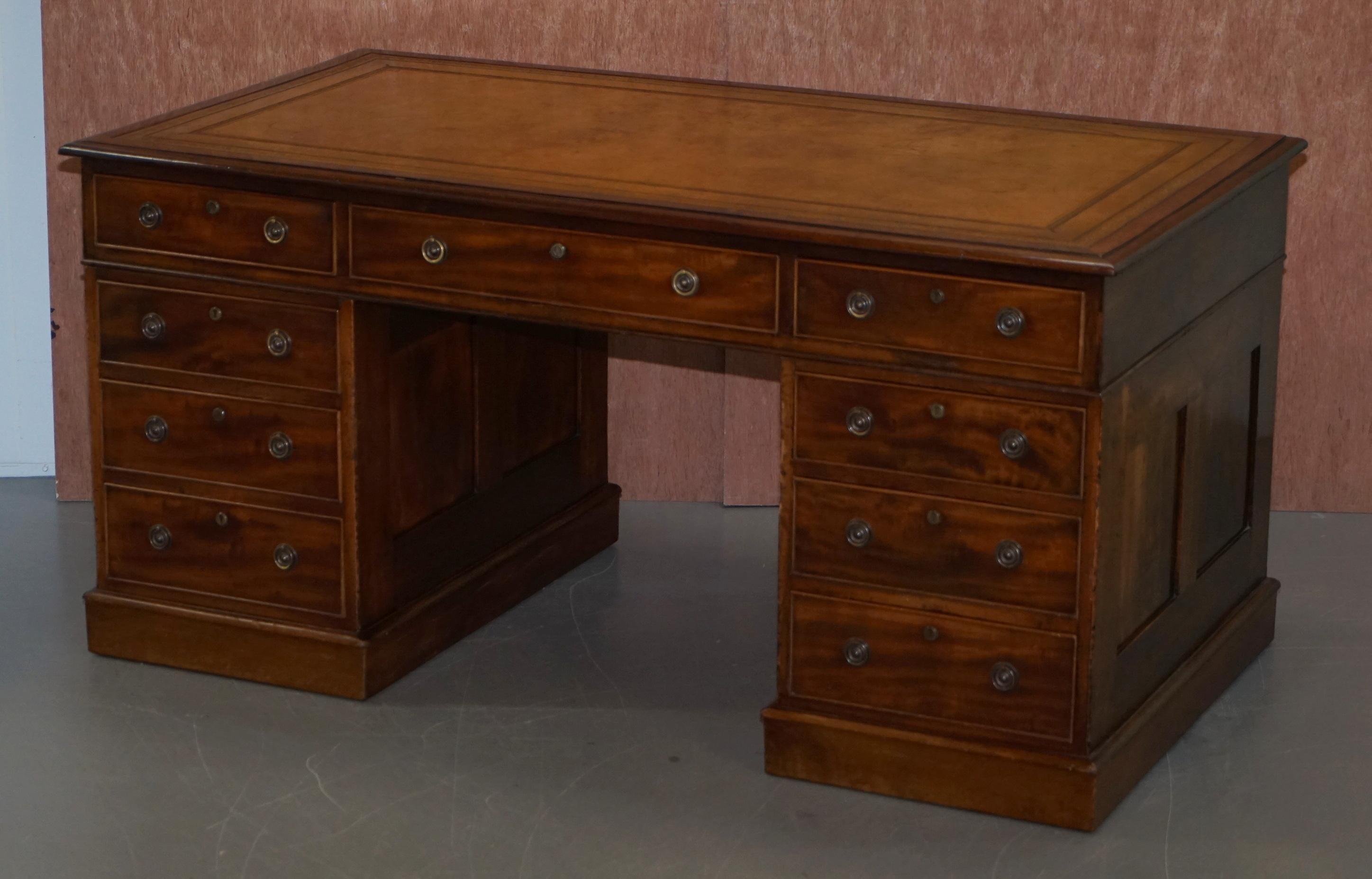 English Restored Antique Regency circa 1810-1820 Hardwood Pedestal Desk Brown Leather