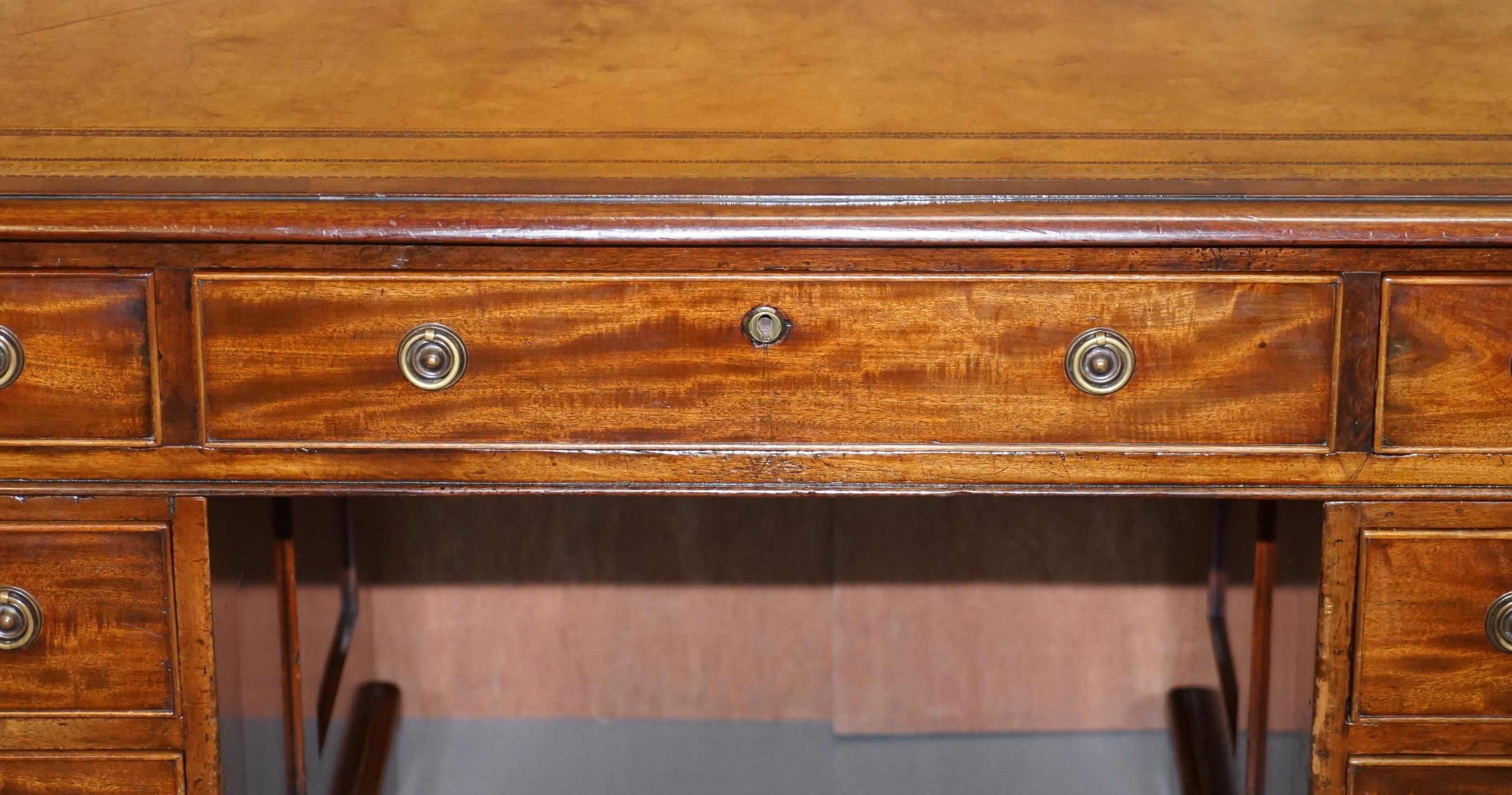Restored Antique Regency circa 1810-1820 Hardwood Pedestal Desk Brown Leather 2