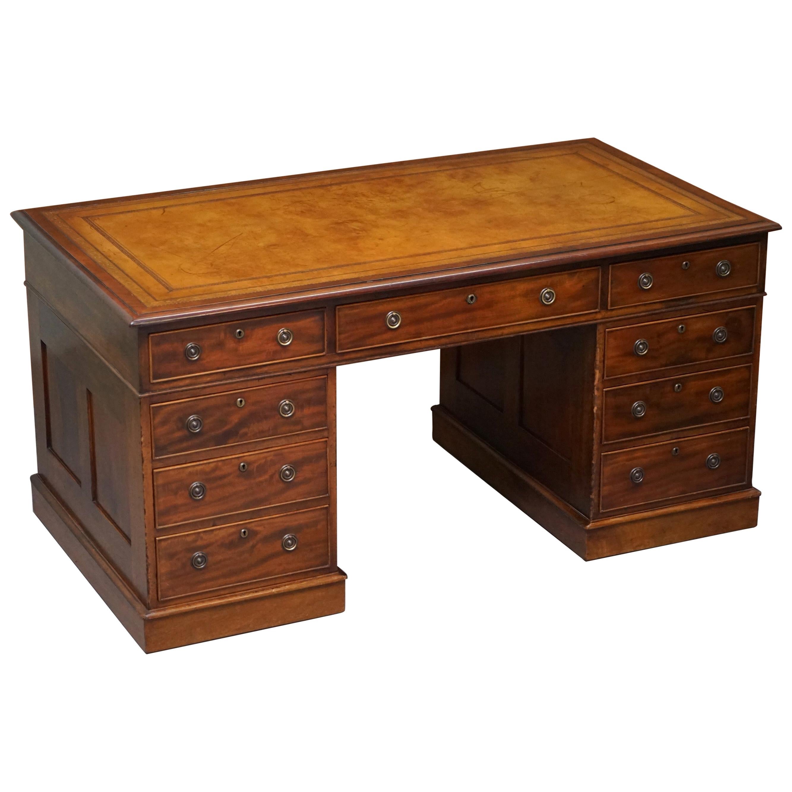 Restored Antique Regency circa 1810-1820 Hardwood Pedestal Desk Brown Leather