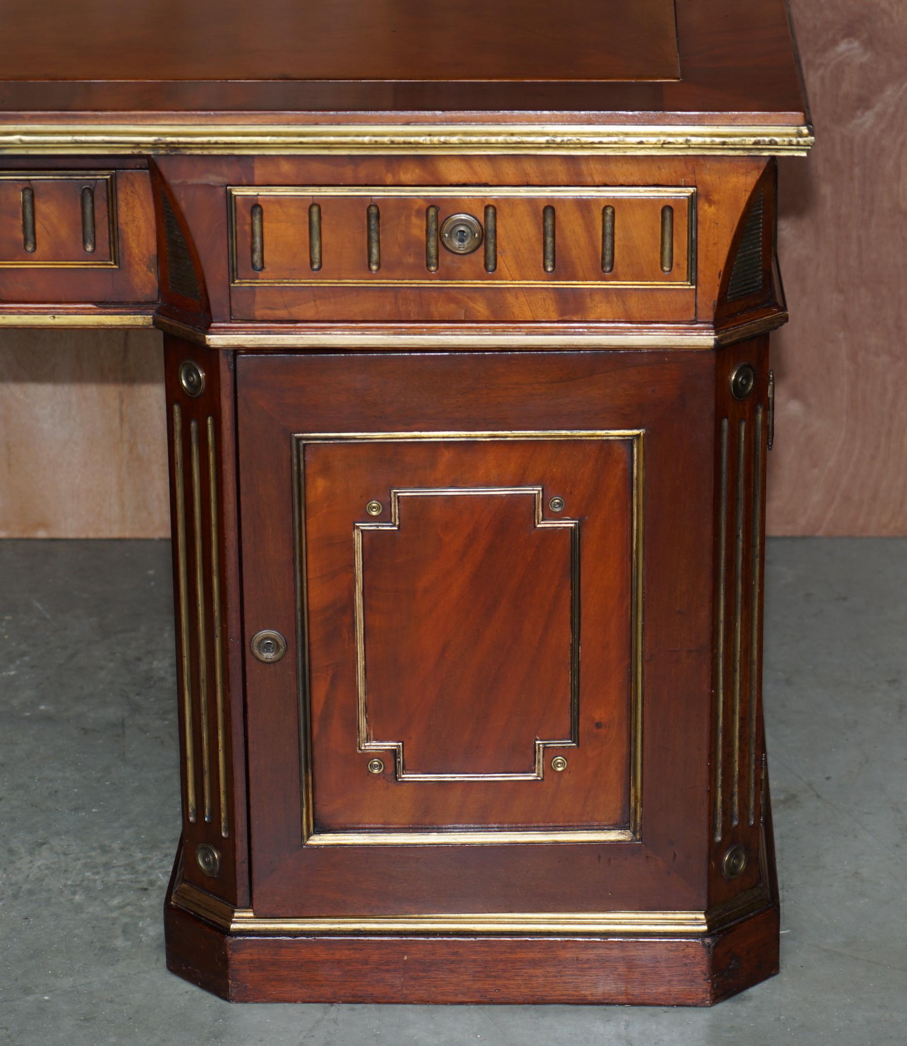 Victorian Restored Antique Russian Hardwood & Gilt Metal Partner Desk & Leather Armchair For Sale