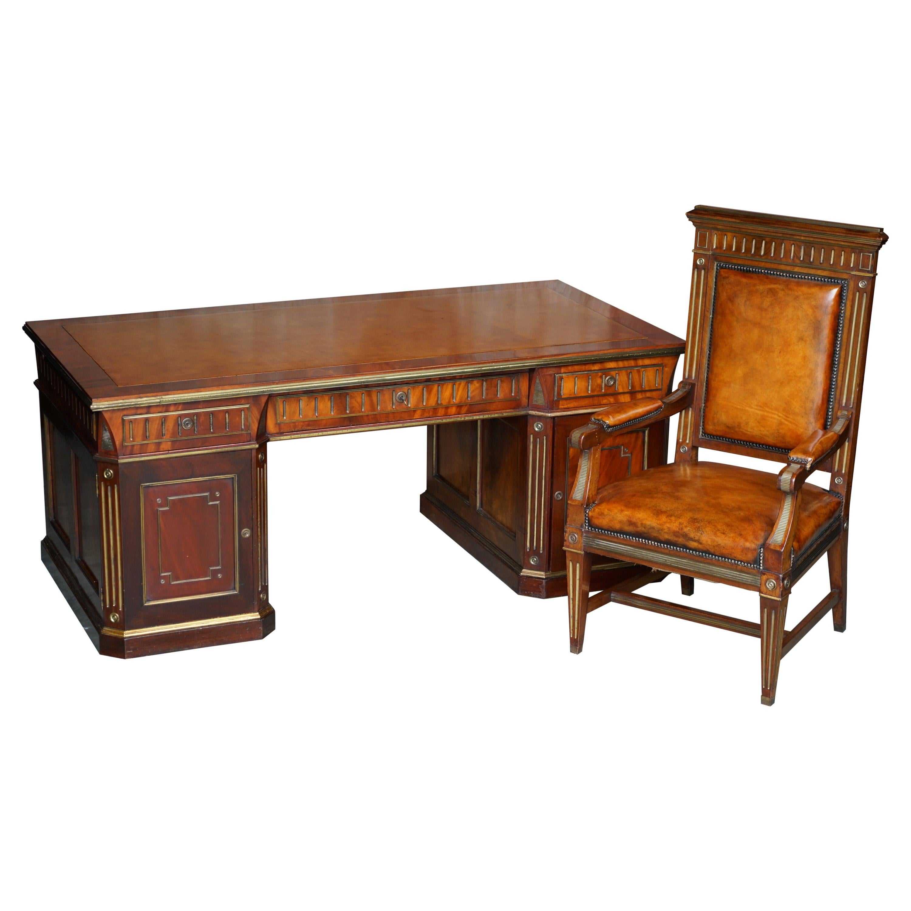 Restored Antique Russian Hardwood & Gilt Metal Partner Desk & Leather Armchair