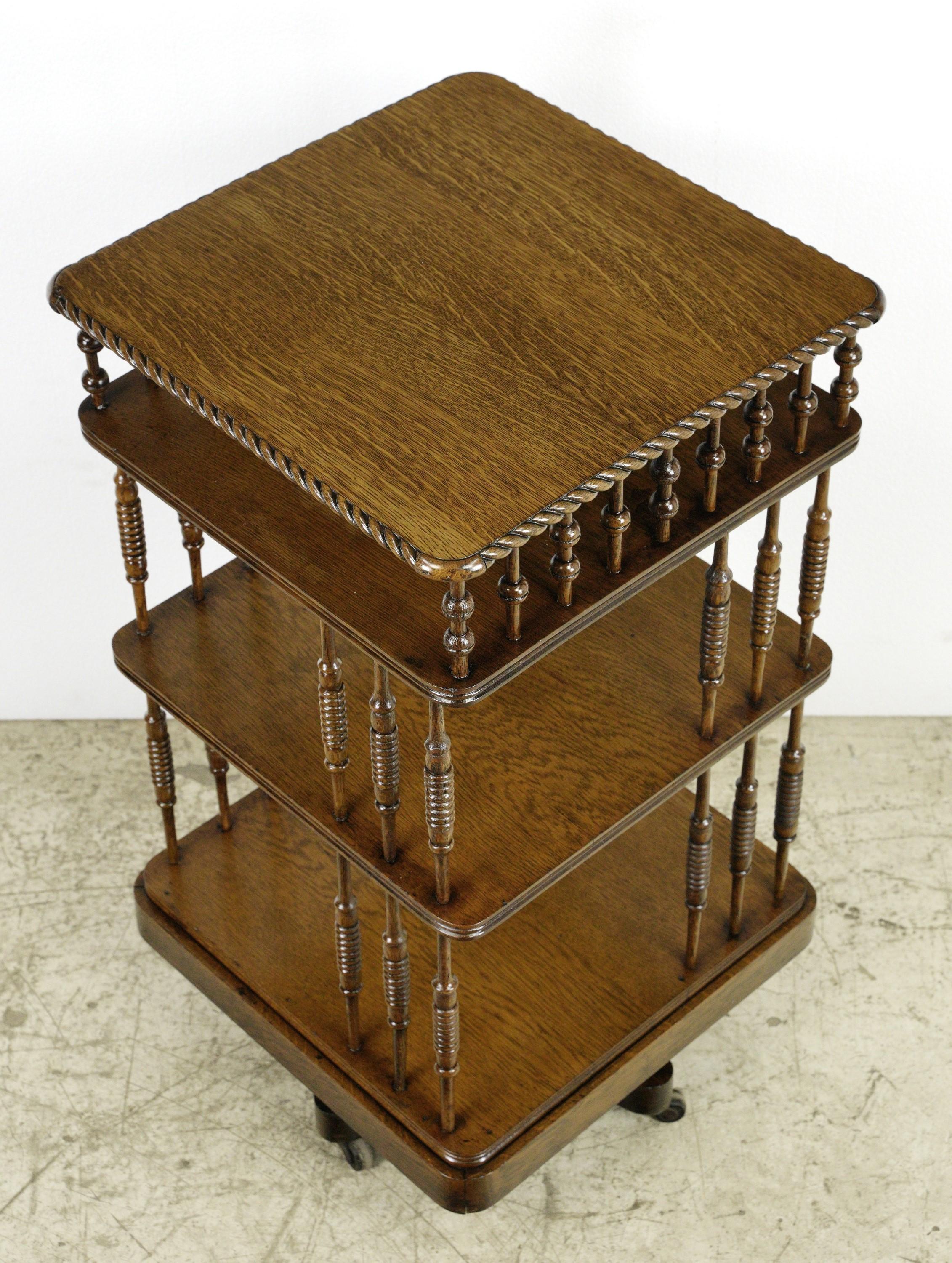 Restored Antique Spindle 3 Tier Revolving Oak Bookcase For Sale 1