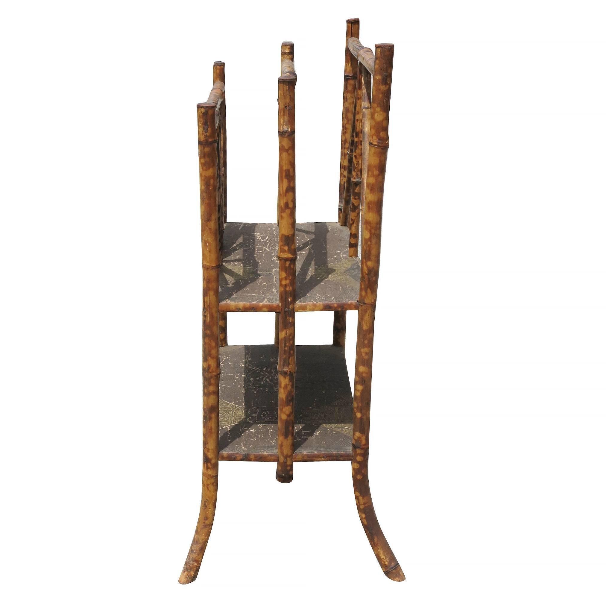 Early 20th Century Restored Antique Tiger Bamboo Magazine Rack with Divider and Bottom Shelf