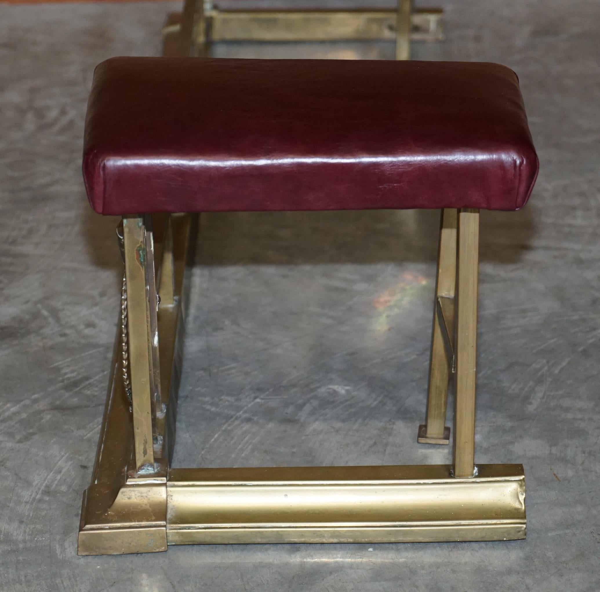Restored Antique Victorian Brass Oxblood Leather Leather Fireplace Club Fender 10