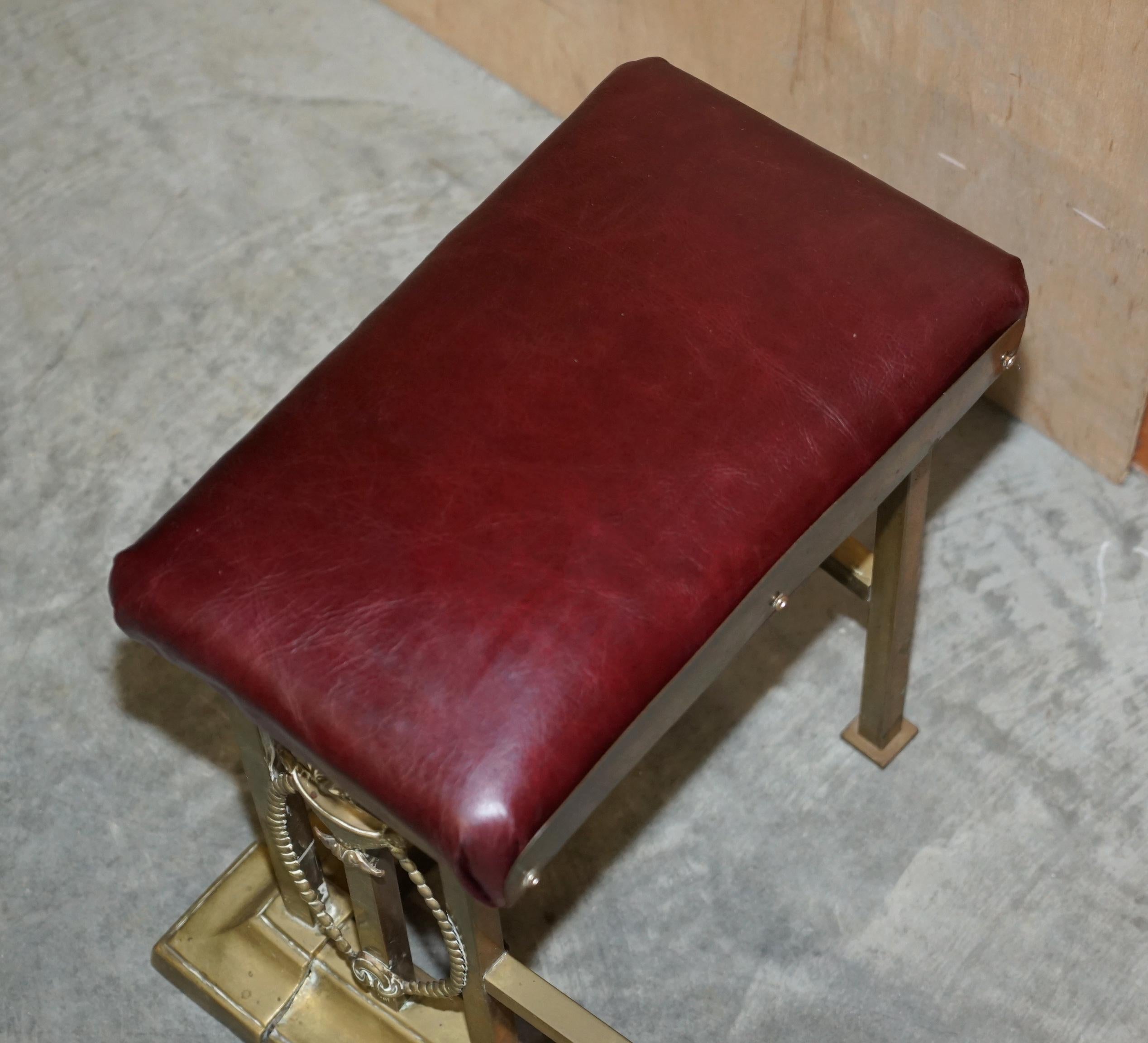Restored Antique Victorian Brass Oxblood Leather Leather Fireplace Club Fender 2