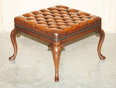 RESTORIERTER ANTiQUE VICTORIAN HARDWOOD BROWN LEATHER CHESTERFIELD TUFTED FOOTSTOOL