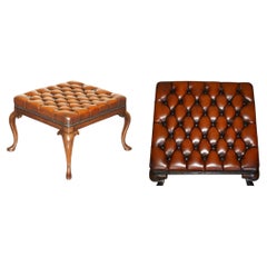 RESTORIERTER ANTiQUE VICTORIAN HARDWOOD BROWN LEATHER CHESTERFIELD TUFTED FOOTSTOOL