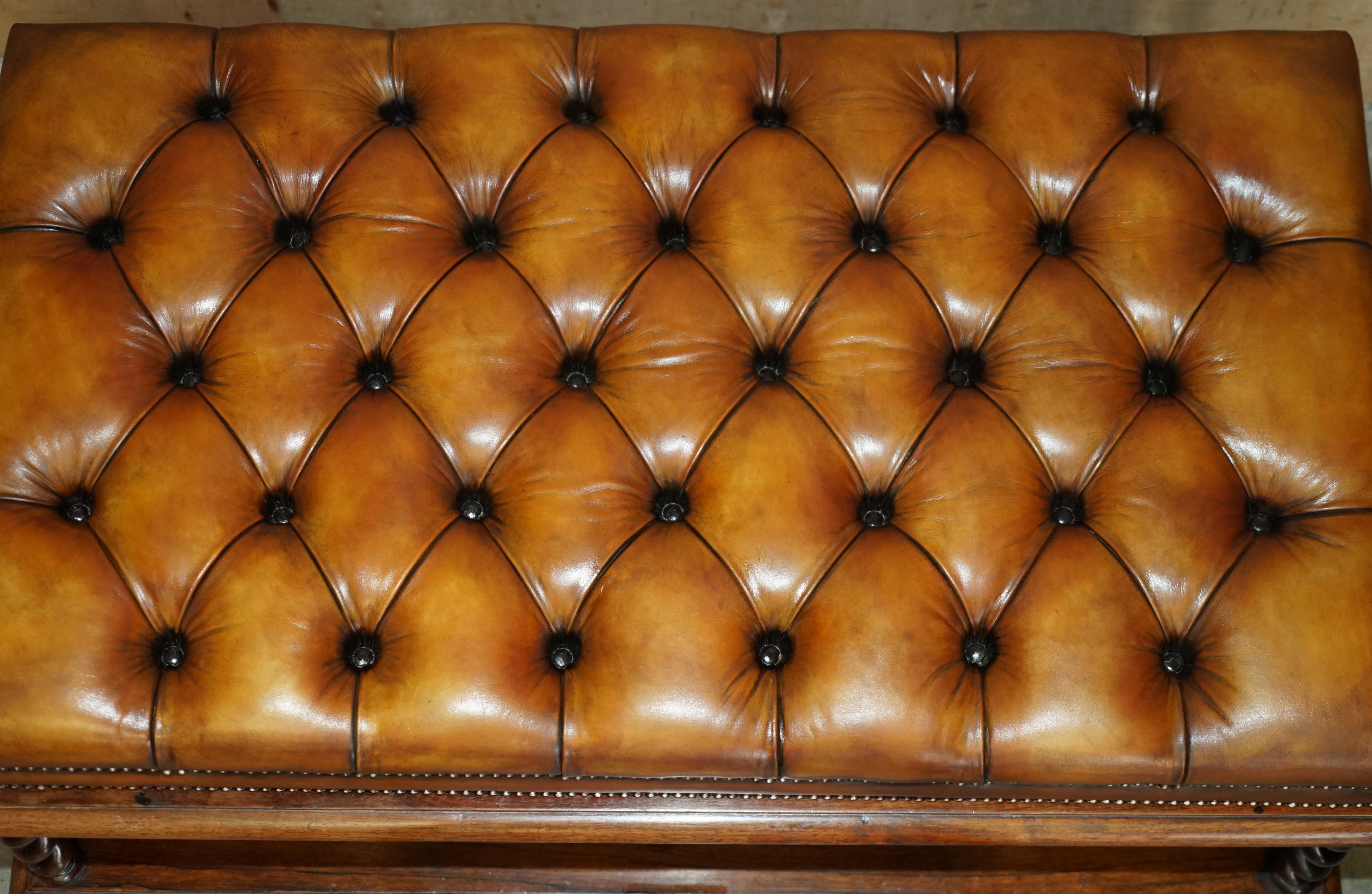 RESTORED ANTiQUE WILLIAM IV BROWN LEATHER HARDWOOD CHESTERFIELD OTTOMAN STOOL 2