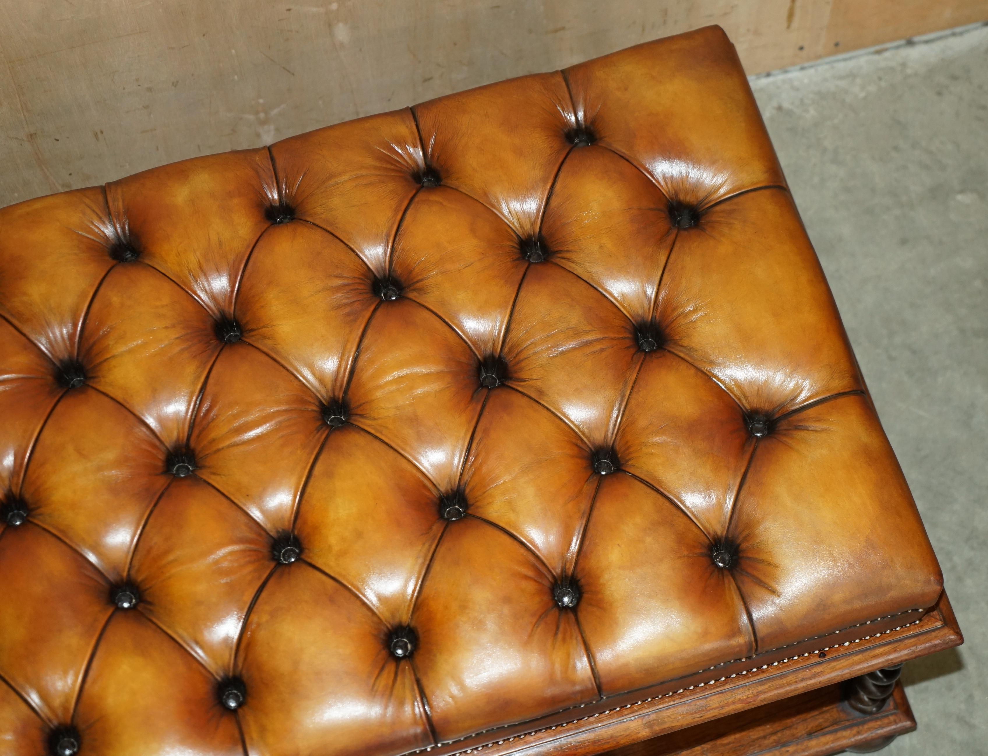 RESTORED ANTiQUE WILLIAM IV BROWN LEATHER HARDWOOD CHESTERFIELD OTTOMAN STOOL 3