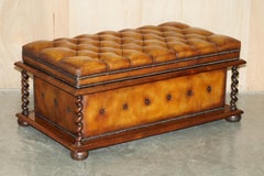 RESTORED ANTiQUE WILLIAM IV BROWN LEATHER HARDWOOD CHESTERFIELD OTTOMAN STOOL