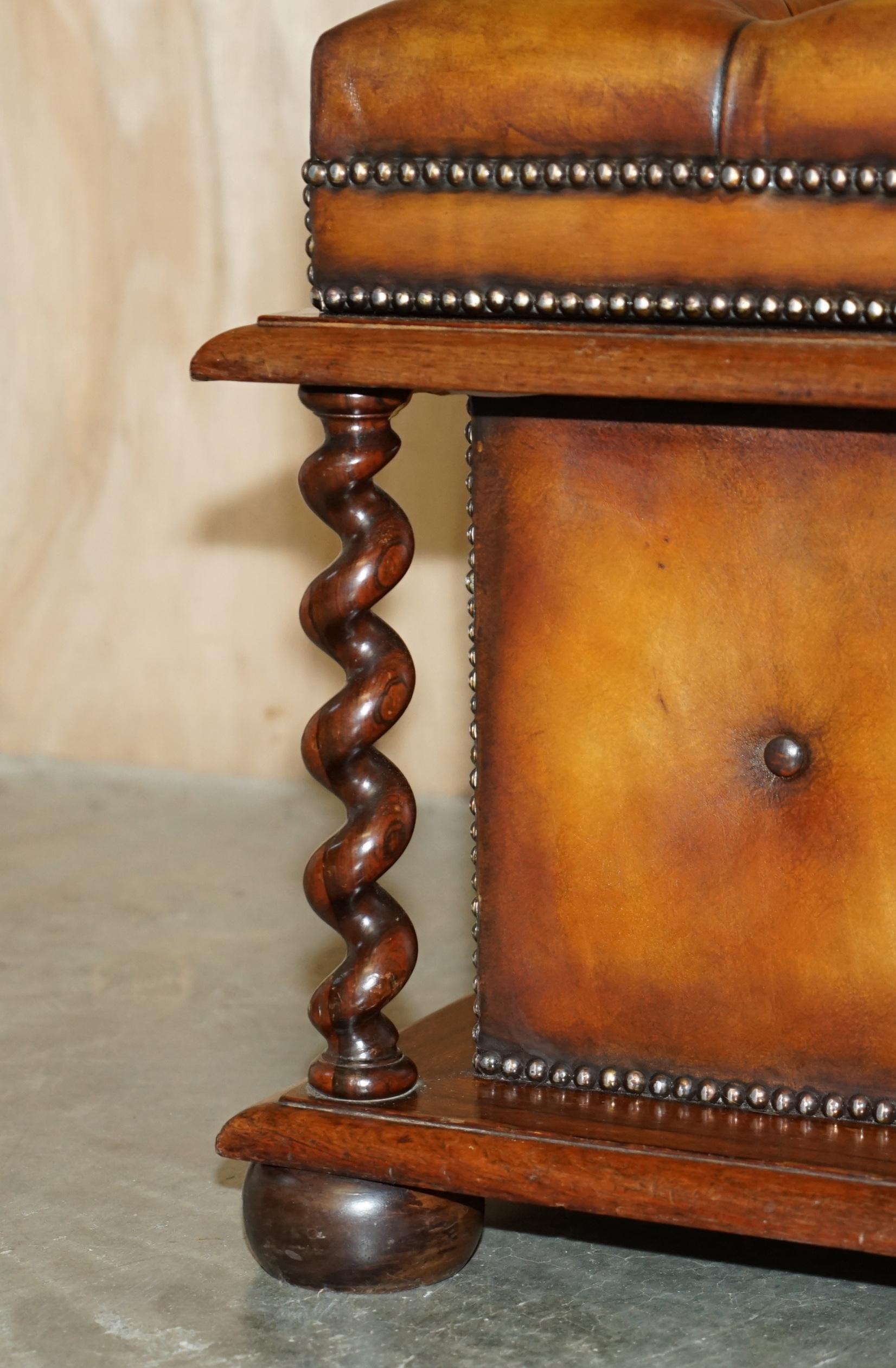 English RESTORED ANTiQUE WILLIAM IV BROWN LEATHER HARDWOOD CHESTERFIELD OTTOMAN STOOL