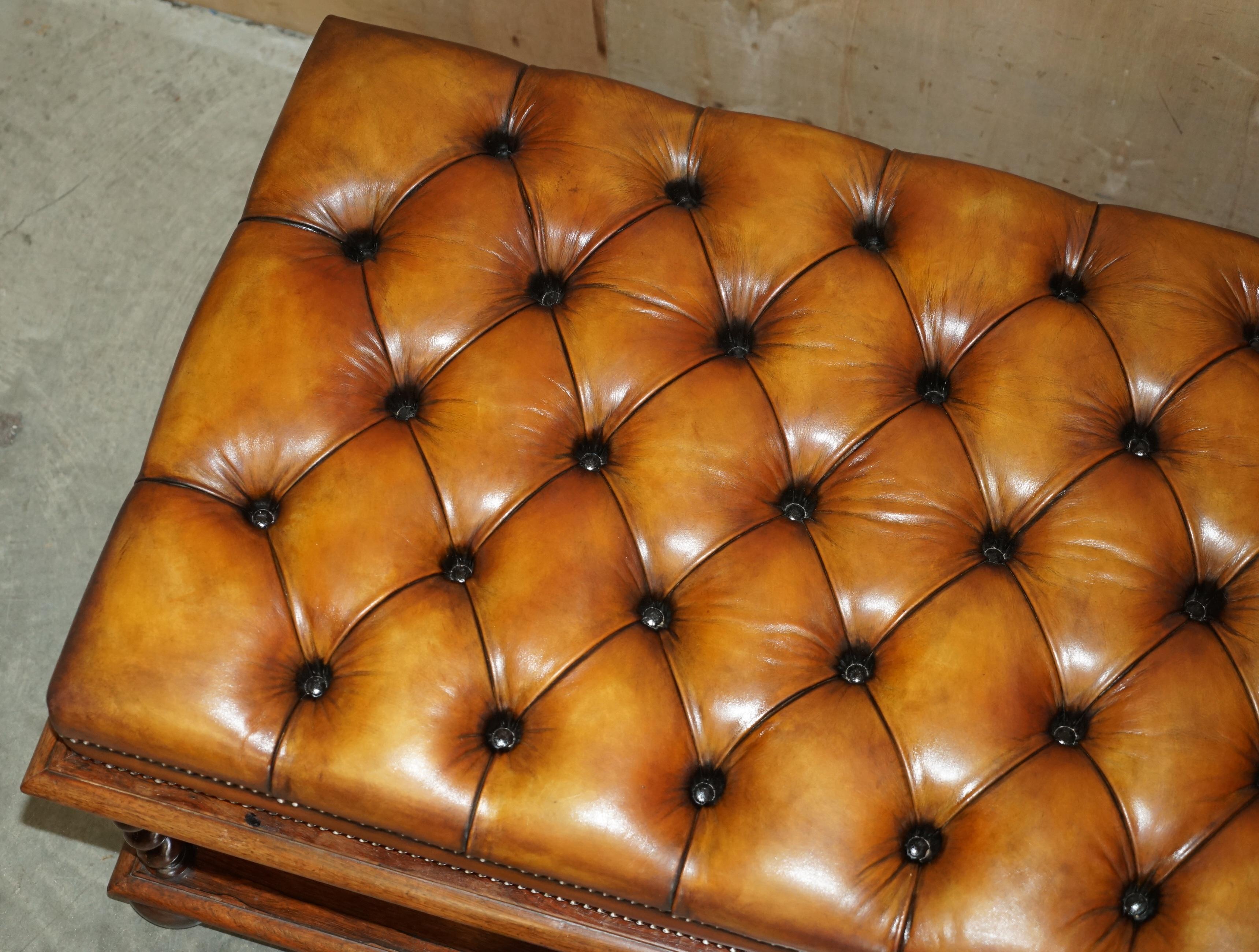 RESTORED ANTiQUE WILLIAM IV BROWN LEATHER HARDWOOD CHESTERFIELD OTTOMAN STOOL 1