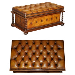 RESTORED ANTiQUE WILLIAM IV BROWN LEATHER HARDWOOD CHESTERFIELD OTTOMAN STOOL