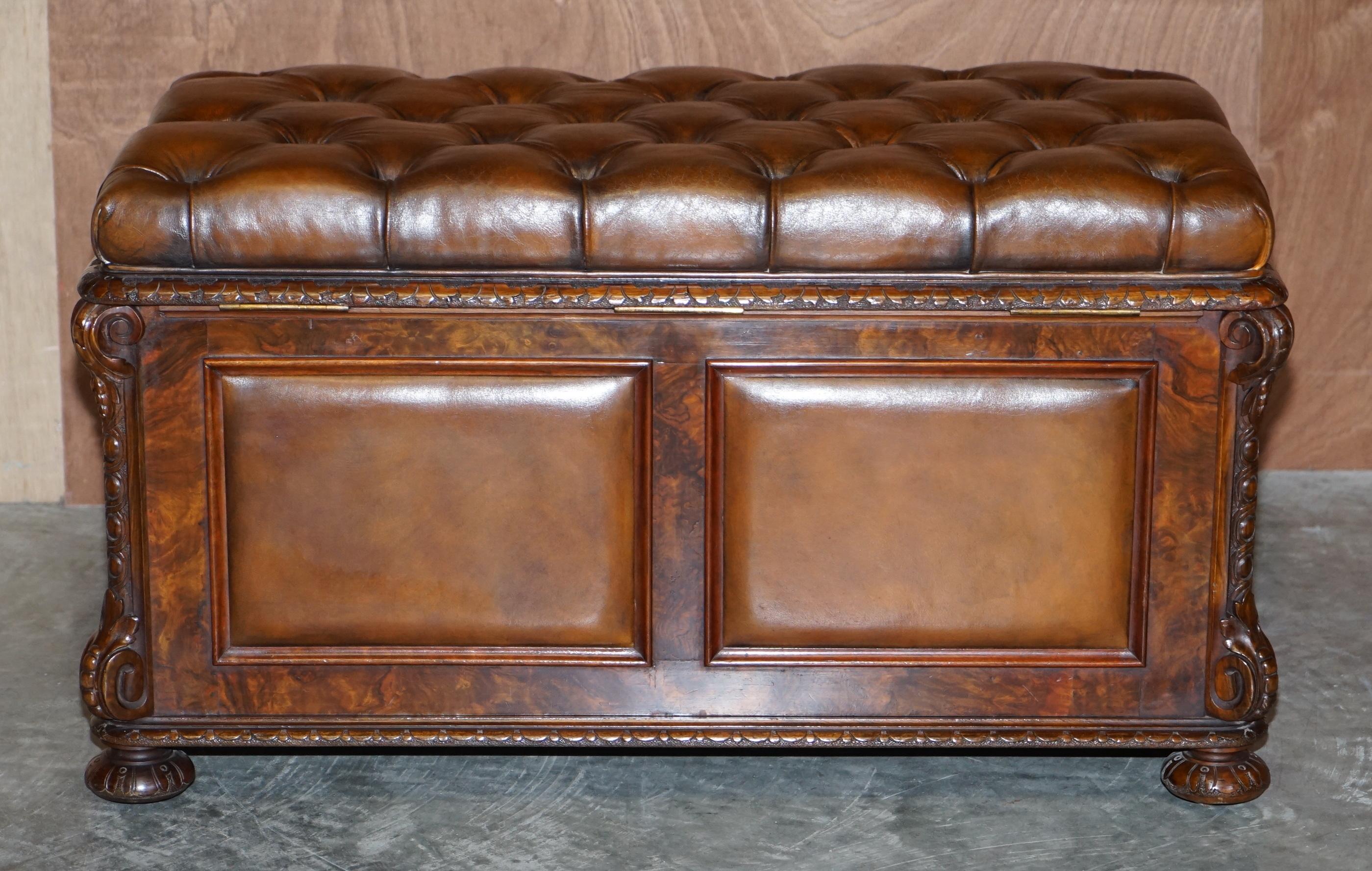 Restored Antique William IV Burr Walnut Brown Leather Chesterfield Ottoman Stool 7