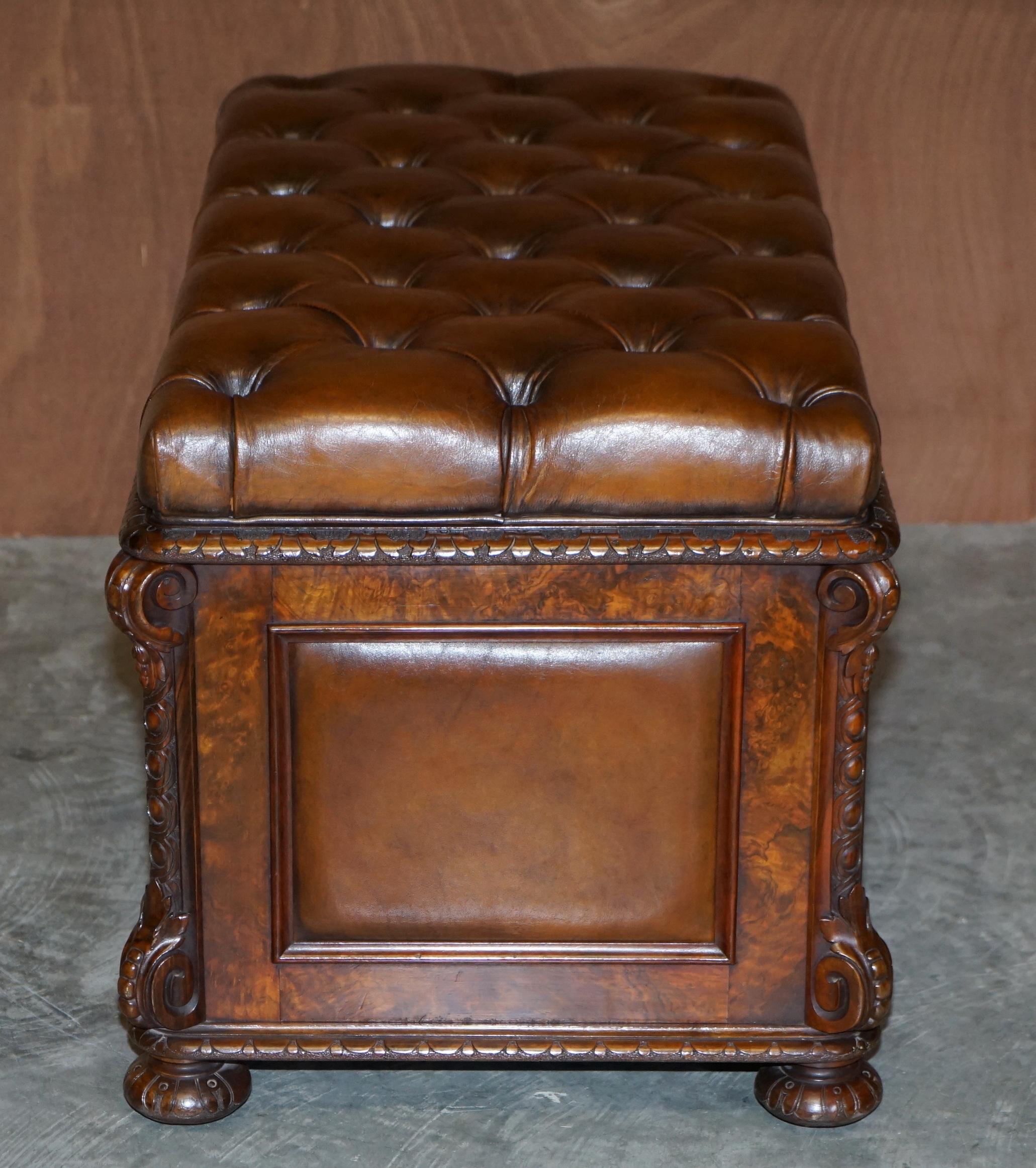 Restored Antique William IV Burr Walnut Brown Leather Chesterfield Ottoman Stool 8