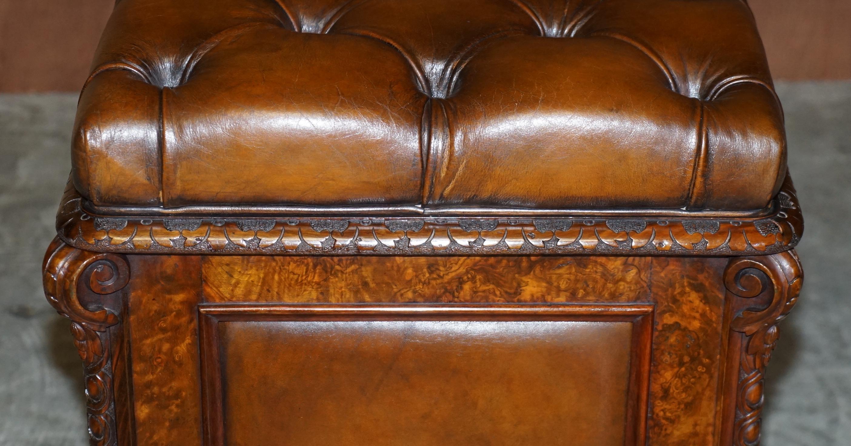 Restored Antique William IV Burr Walnut Brown Leather Chesterfield Ottoman Stool 9